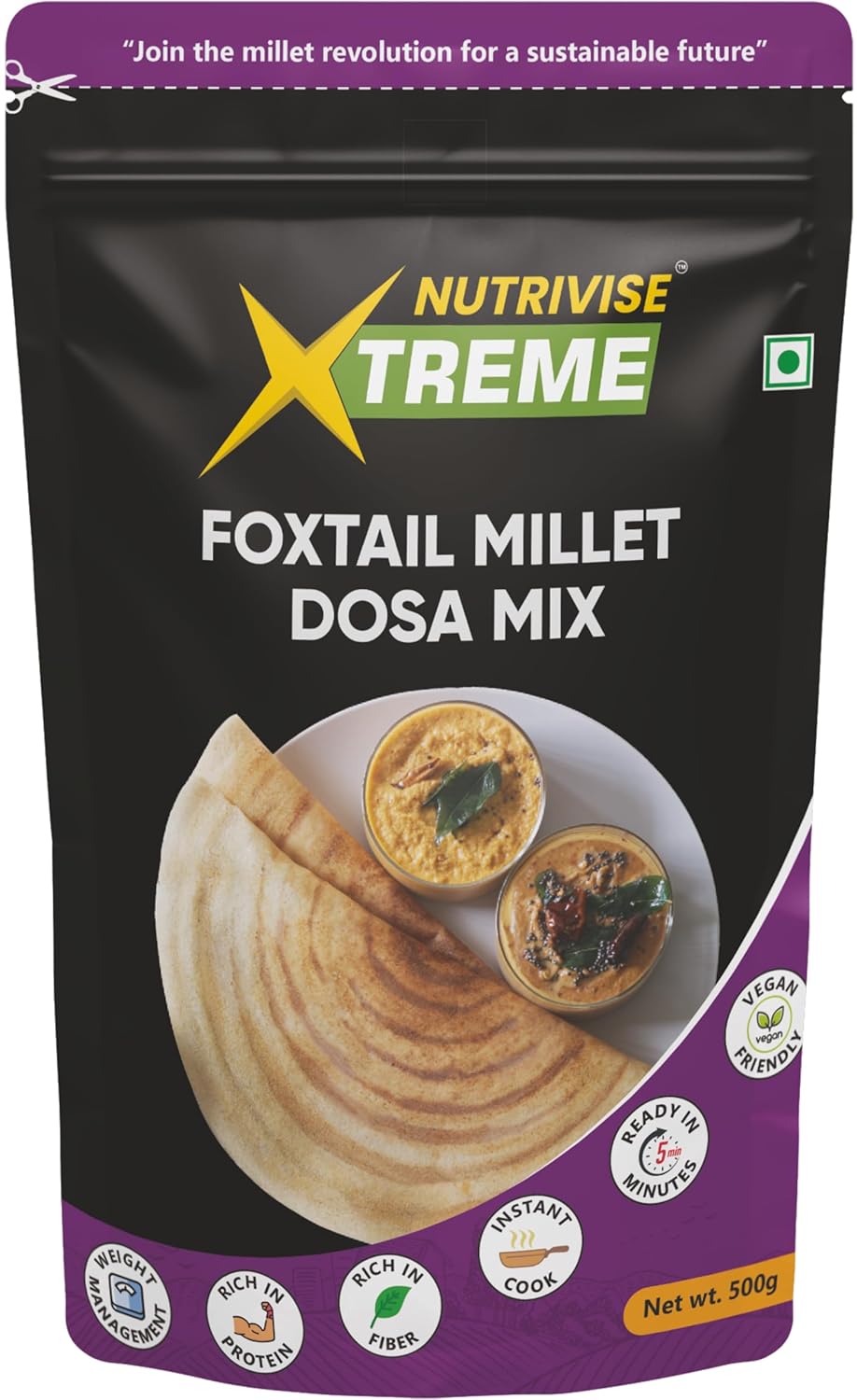 Nutrivise Xtreme Foxtail Millet Dosa Mix 500g – Instant & Healthy Millet Dosa Mix Powder | High-Protein, Vegan & Gluten-Free | Quick & Easy South Indian Breakfast