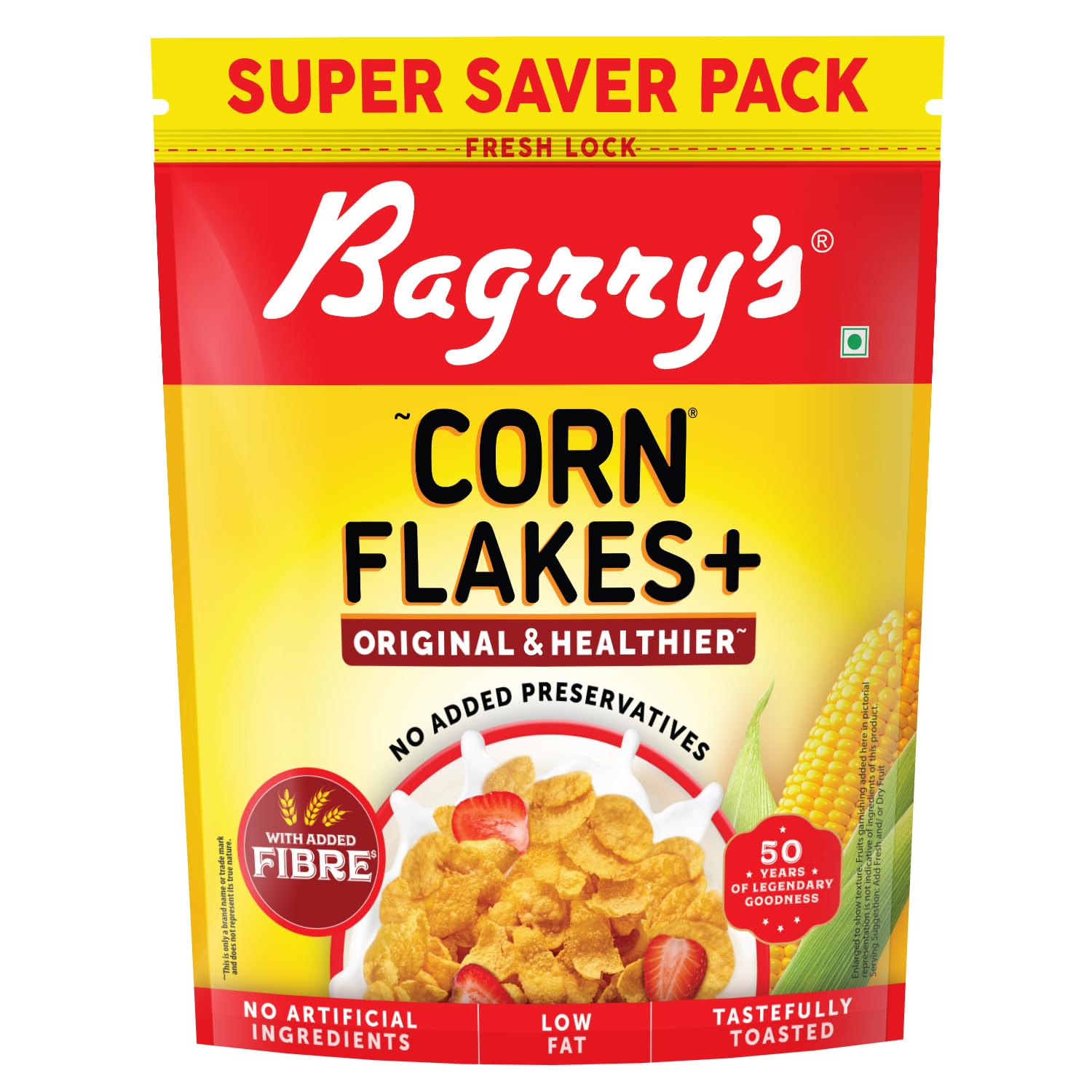 Bagrry’s Corn Flakes Plus 800gm Pouch | Original and Healthier | Low Fat & Cholesterol | High Fibre | All Natural CornFlakes |Breakfast Cereal