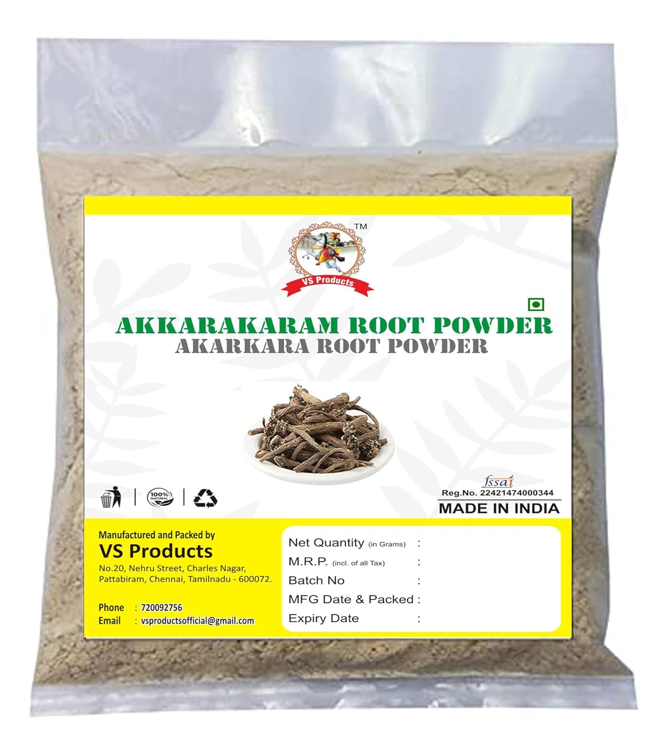VS Products Akarkara Root Powder 50g | Anacyclus Pyrethrum | Pellitory Root Powder | Akkalakarra Root | Akkalakarra Root Powder, (Pack of 1 X 50g)