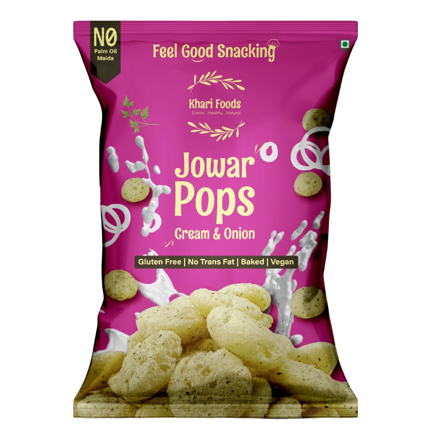 Khari Foods Jowar Pops, Cream Onion Flavoured, No Palm Oil, No Maida, Millet Goodness, Fibre Rich, Zero Cholestrol, Baked Gluten Free Vegan Snacks for Kids, Adults (50g)