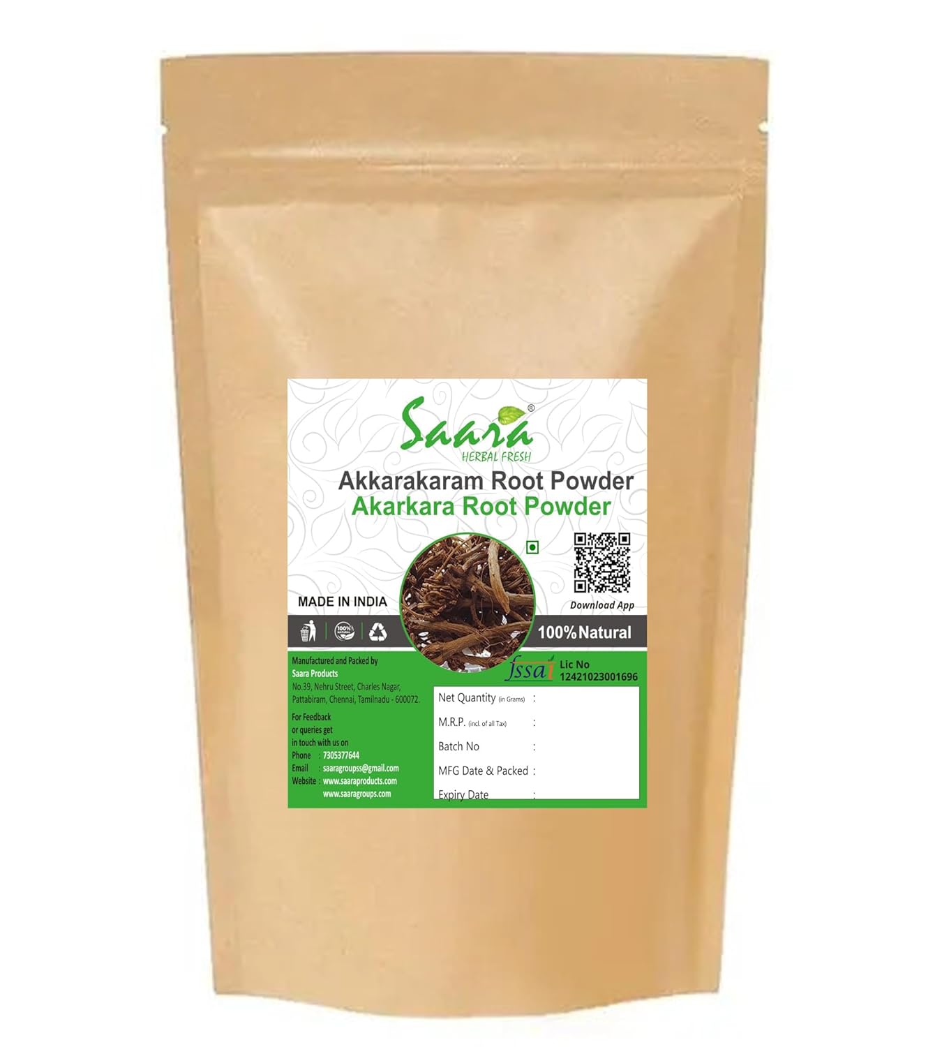 Saara HERBAL FRESH Akkarakaram Powder, 70g, Anacyclus Pyrethum Root, Akarkara Root Powder