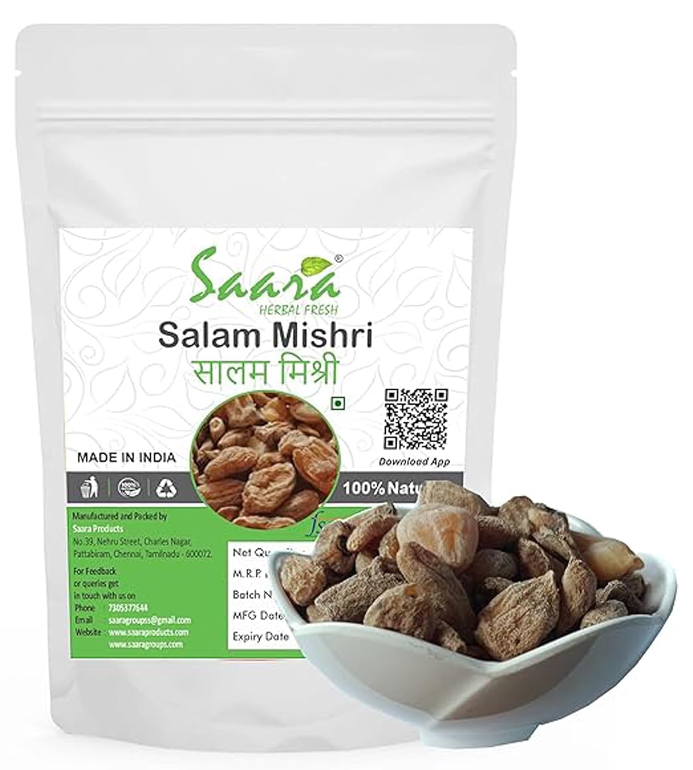 Saara HERBAL FRESH Salam Mishri, 25g, Polygonatum Verticillatum, Salabmisri, Salmond Sugar, Salab Misri, सालम मिश्री, Helps to Boost Immunity – White Zipper Package (Pack of 25 x 1)