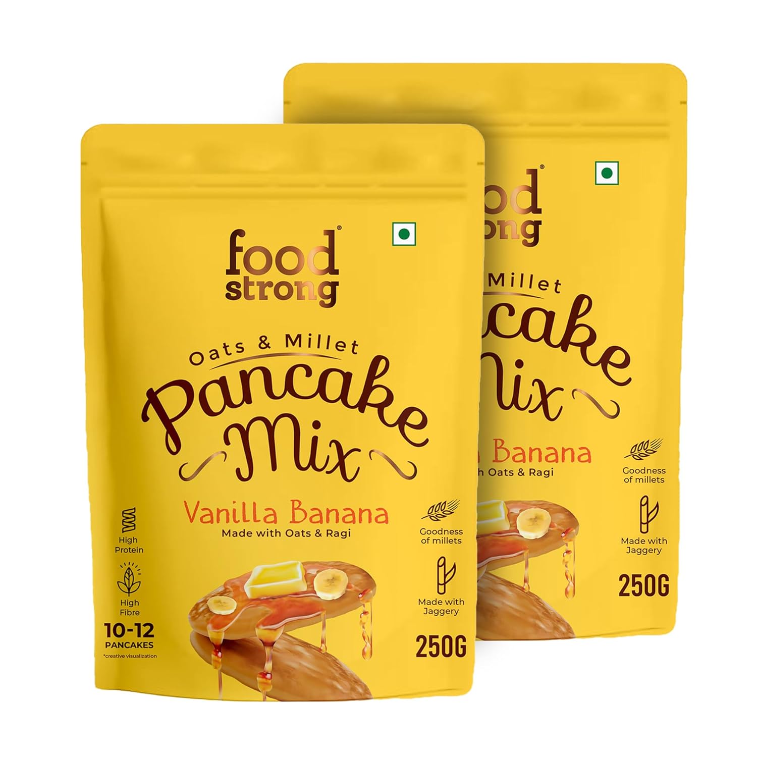 Foodstrong Oats and Millets Vanilla Banana Pancake Mix, High Fibre & Protein, No Maida, No Refined Sugar – Made With Jaggery, Eggless Instant Breakfast Mix 250G x Pack of 2