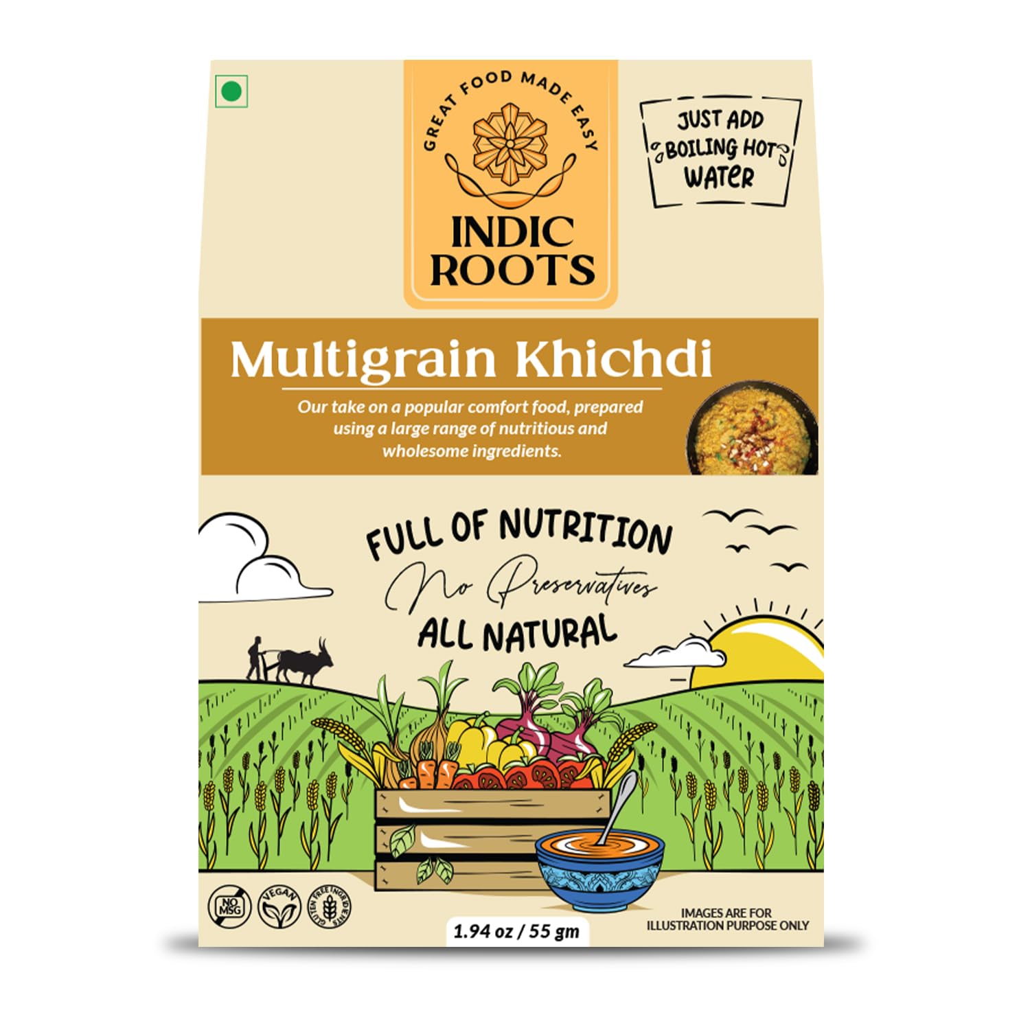Indic Roots (Formerly Organic Roots) Multigrain Khichdi Vegan, Superfood, Instant Food, Healthy Food, Ready To Eat Full Meal, No MSG, No Preservatives, 55 Gm (Pack of 1)