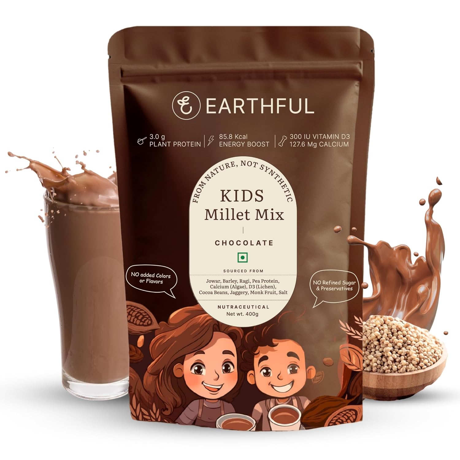 Earthful Kids Millet Mix | 400 Gms | No Refined Sugar | Contains Supergrains – Ragi, Jowar, Barley | Cocoa, Sweetened with Jaggery