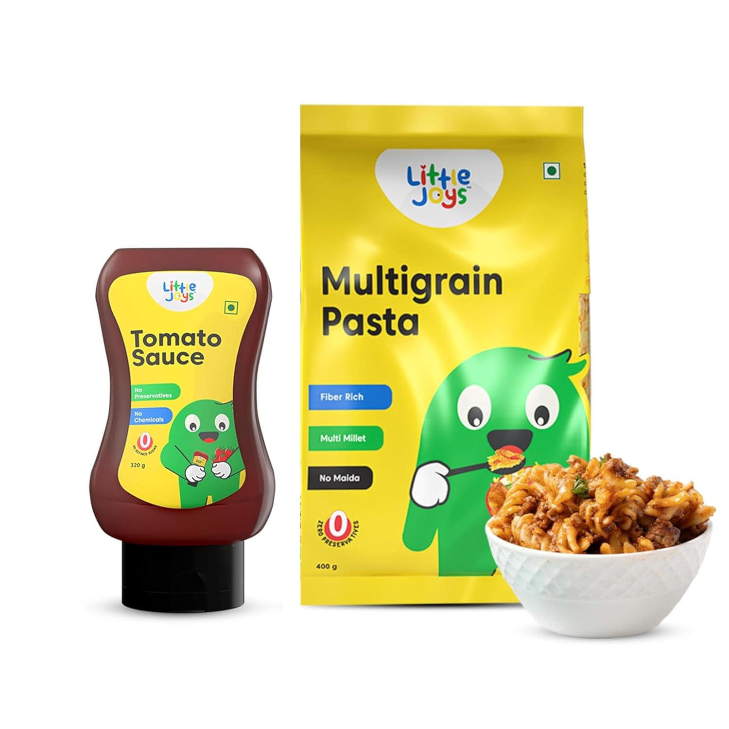 Little Joys Multi Millet Pasta 400g & Tomato Sauce Squeeze for Kids 320g | No Maida Multigrain Fusilli Pasta with Moong, Jowar, Bajra & Wheat | No Refined Sugar Tomato Ketchup with Jaggery | Zero Trans Fat & No Preservatives