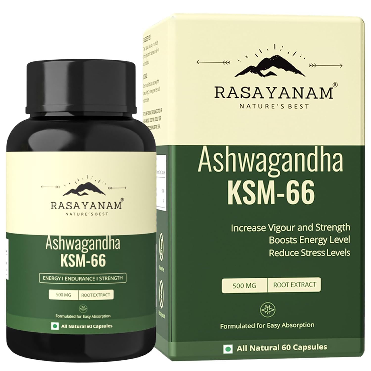 Rasayanam Ashwagandha KSM-66 (500 mg) | Extra Strength Natural Formulation | Support strength & energy | Withania Somnifera Extract – 60 Vegetarian Capsules