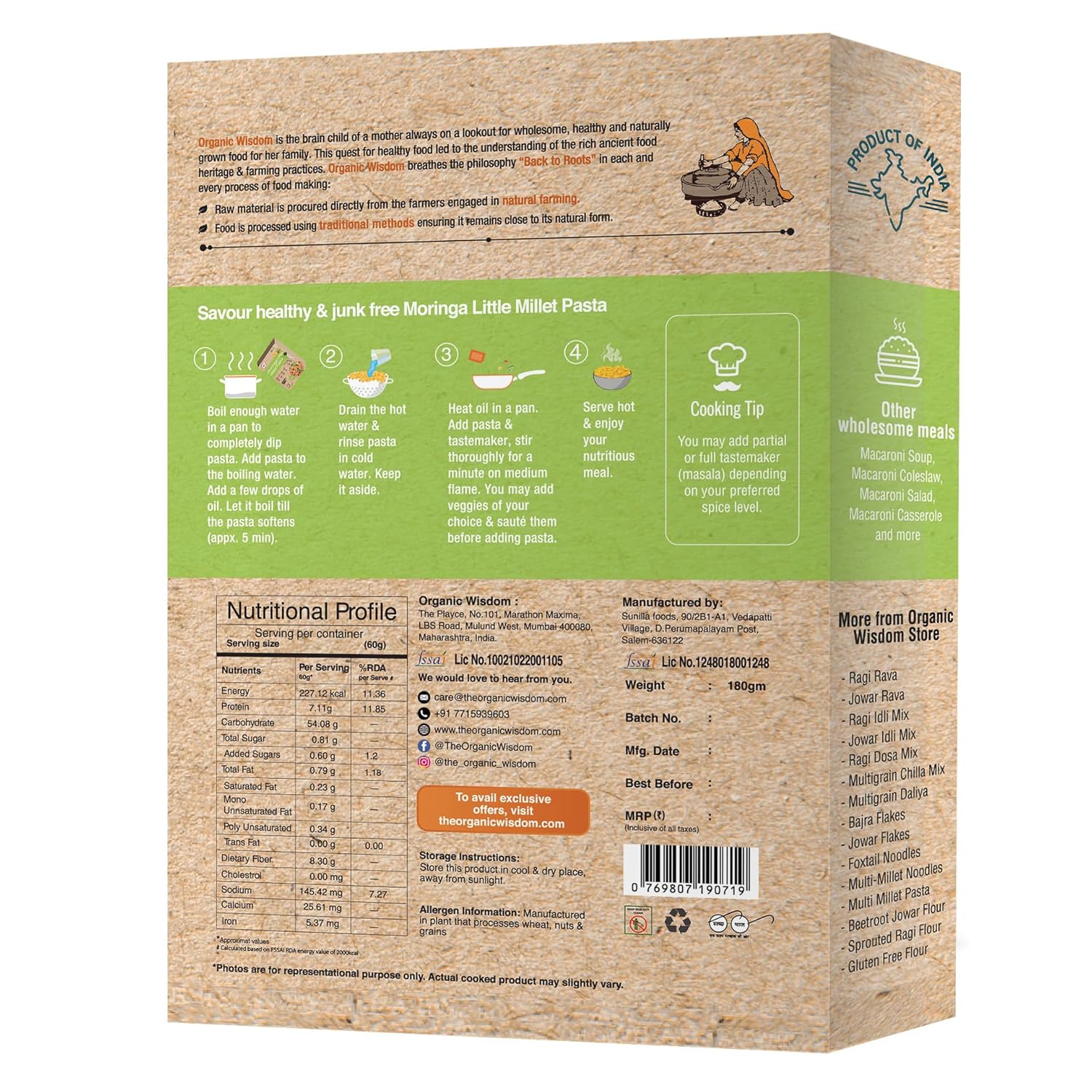 ORGANIC WISDOM-Back to Roots Moringa Little Millet & Quinoa Jowar Pasta|180g each(tastemaker inside)| Free from junk, maida, msg, refined oil, trans fat| Rich in Protein and Fiber