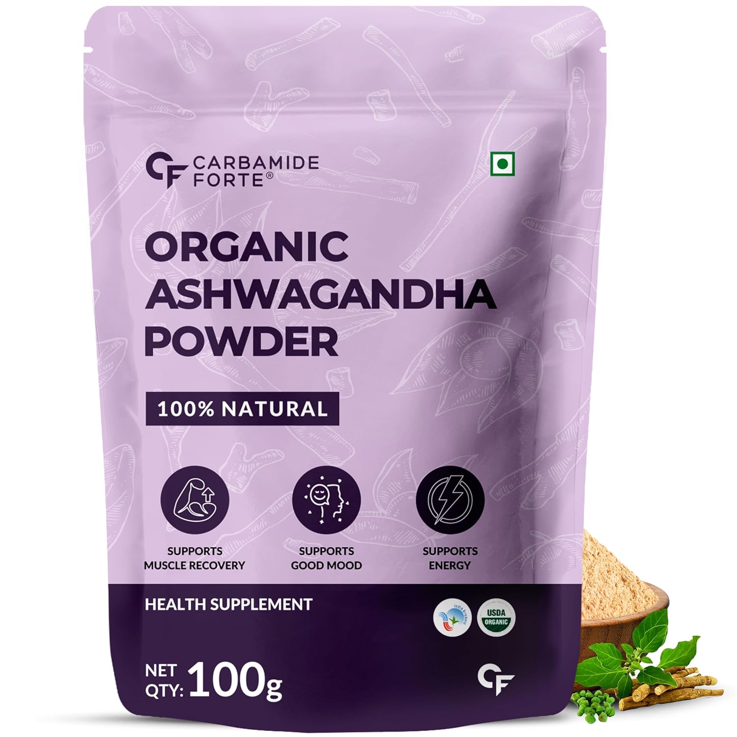 Carbamide Forte 100% Organic Ashwagandha Powder 100gm – Withania Somnifera | Pure Ashwagandha Powder Organic May Support Muscle Recovery & Boost Energy Level | USDA Certified Ashwagandha Supplements for Vitality, Strength & Stress Management | 100gm Powder