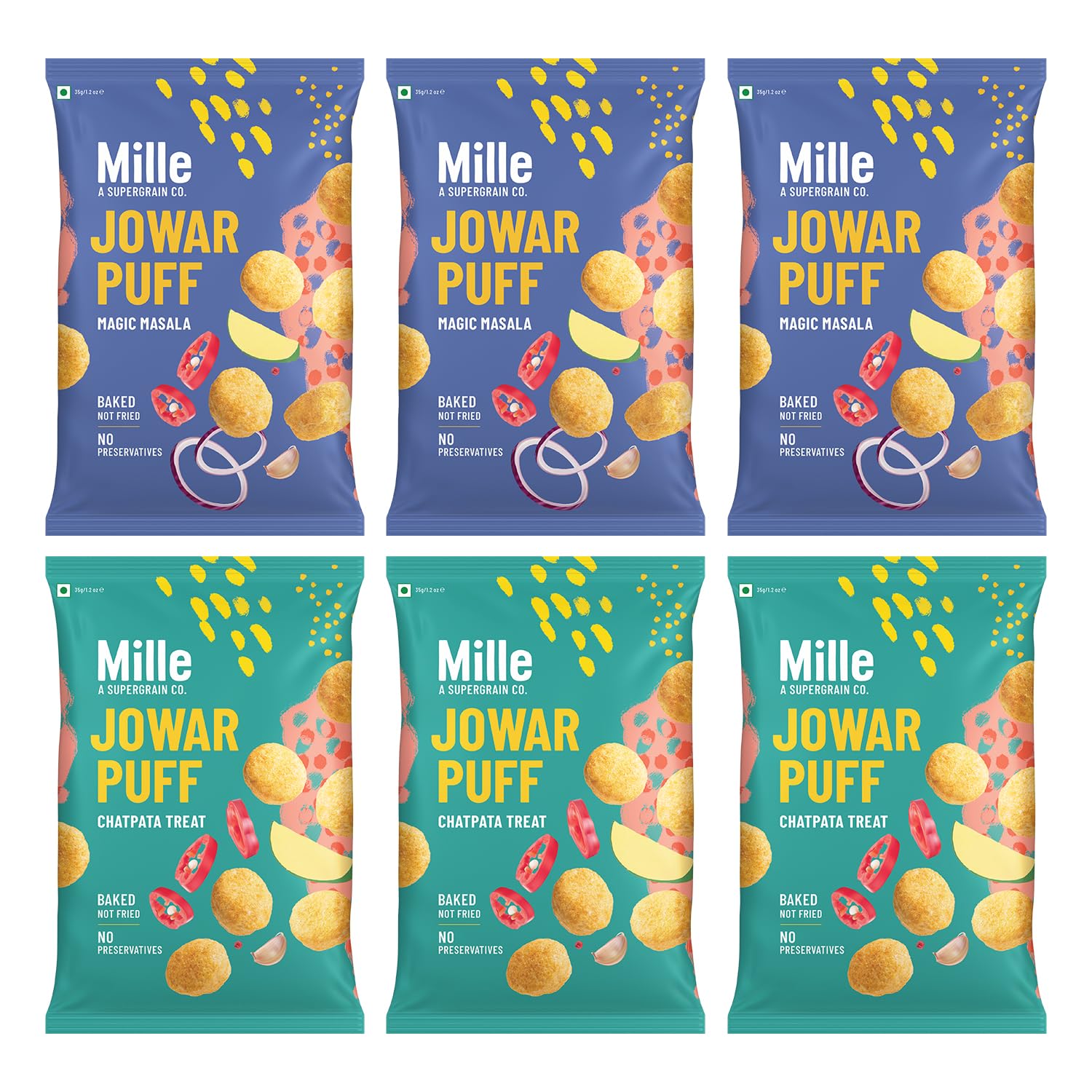 Mille Not Fried Jowar Puffs Combo – Magic Masala & Chatpata Treat, Naturally Gluten Free, No Preservatives, Healthy Ready to Eat Millet Snacks, 35g x 6