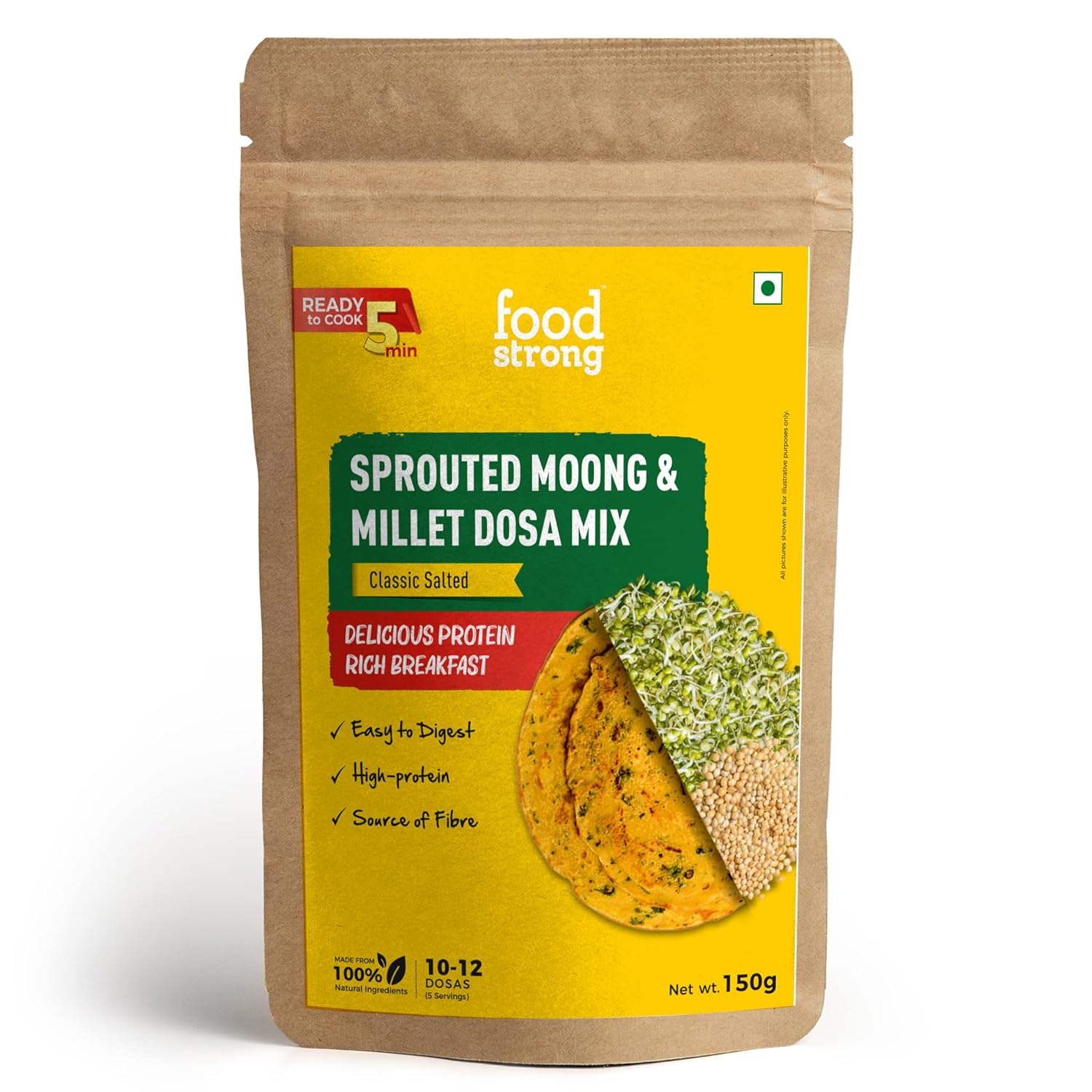 Foodstrong Sprouted Moong Instant Chilla/Dosa Mix with the Goodness of Millets, Healthy Delicious Breakfast, 22 g Protein, 5 g Fibre, Easy to Digest, 150 g (Classic Salted)