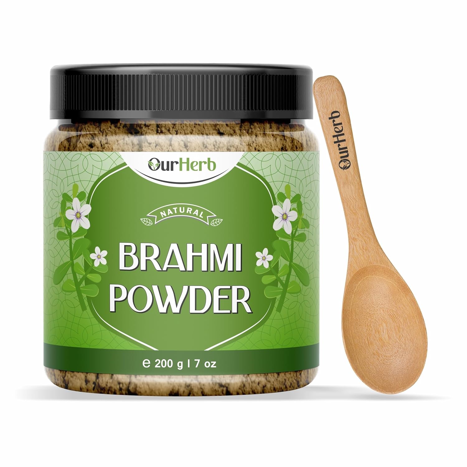 OurHerb Pure & Natural Brahmi Powder (Bacopa monnieri Powder) for Health & Hair Care with Wooden Spoon – 200g | 7 Oz