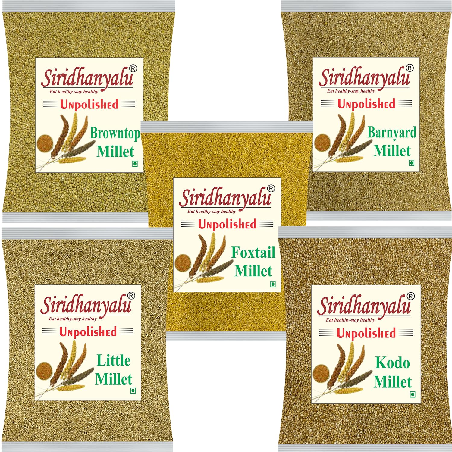 SIRIDHANYALU Millets RICE Organic Unpolished Millet Combo Pack 5 Kg (Gwt.) [Kodo, Little, Foxtail, Browntop, Barnyard Each 920 Grm] Organically Grown from Karnataka New Tech Rock-Hard Vacuumed Pack