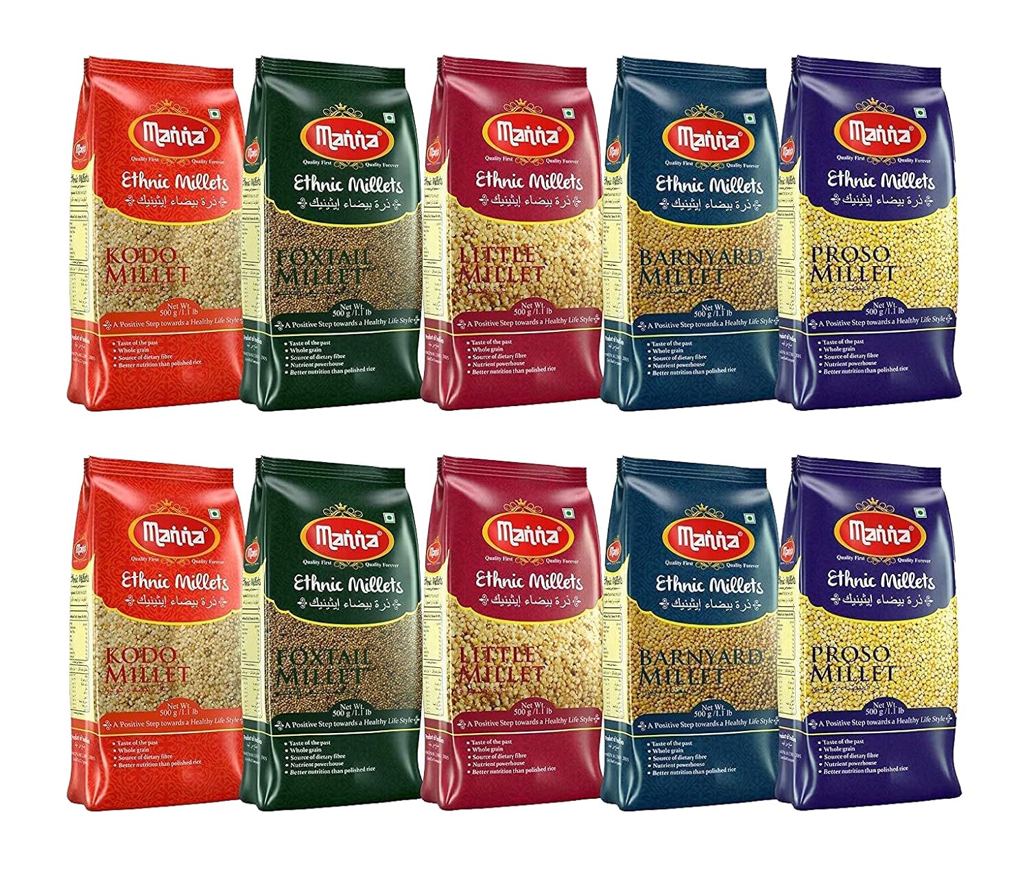 Manna Millets 5Kg Whole Grains, Combo Pack of 5, Foxtail, Kodo, Little, Barnyard, Proso, Certified Low GI, Unpolished Natural Grains 500g (Pack of 10)