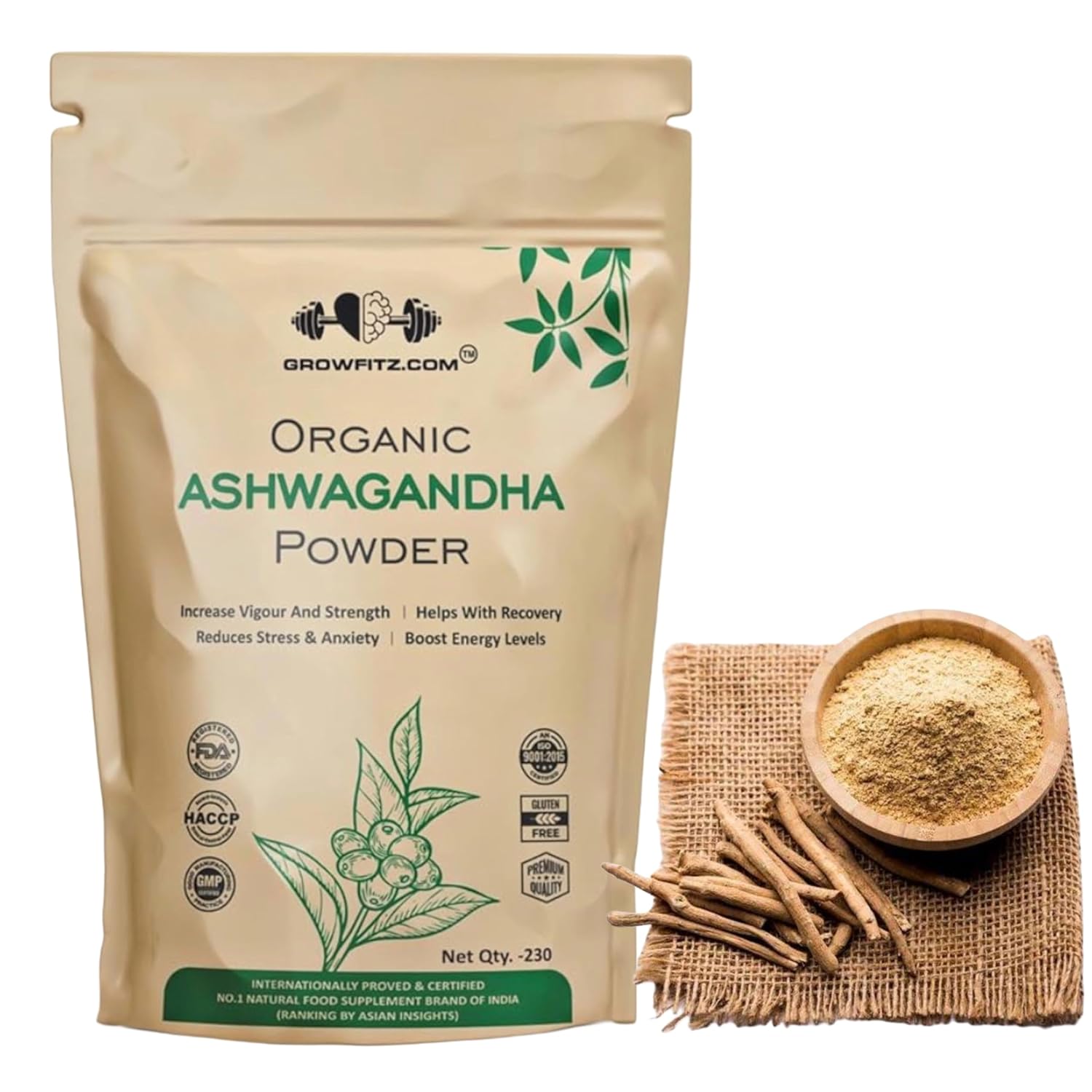 Growfitz Organic Ashwagandha Root Powder | Stress Relief | Energy Boost | Height Improvement | Sleep Enhancer | Immune System | anti-Inflammation | Withania somnifera (230g x 1)