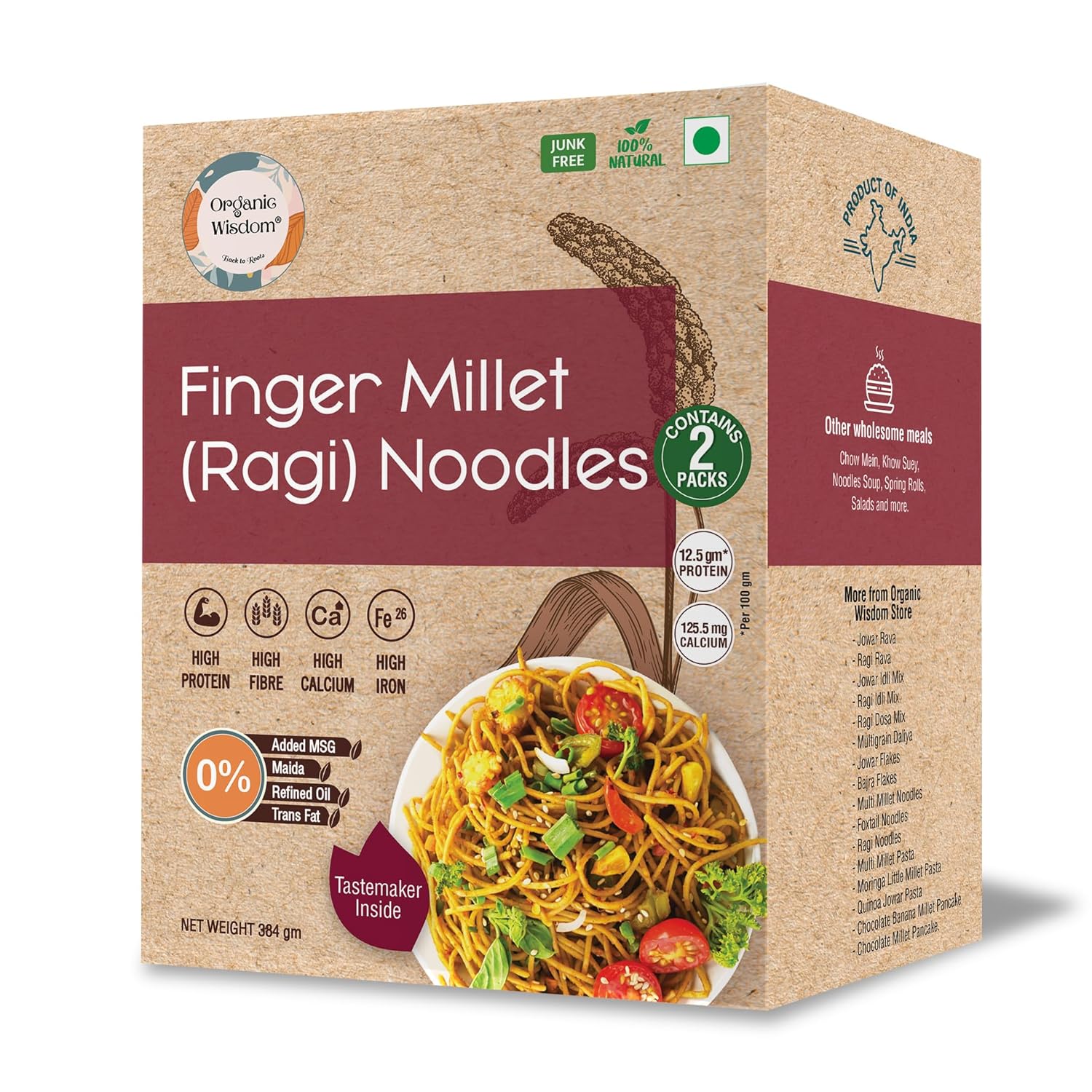 Organic Wisdom-Back to Roots Ragi (Finger Millet) Noodles | 384 gm (Contains 2 Packs) | No MSG, No Maida, No Junk | Not Fried – Sun Dried | Rich in Calcium, Protein, Iron and Fiber