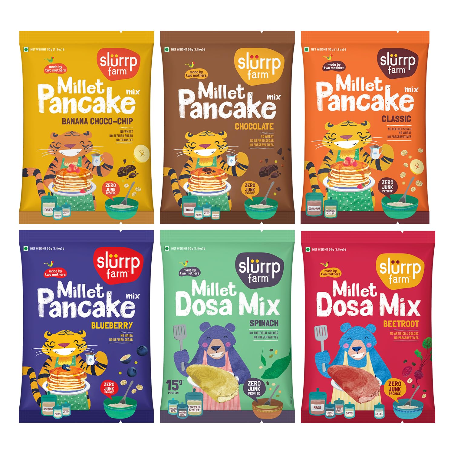 Slurrp Farm Healthy Breakfast and Snacks Trial Pack Combo, Millet Pancake and Dosa Mix, 300g (Pack of 6, 50g each)