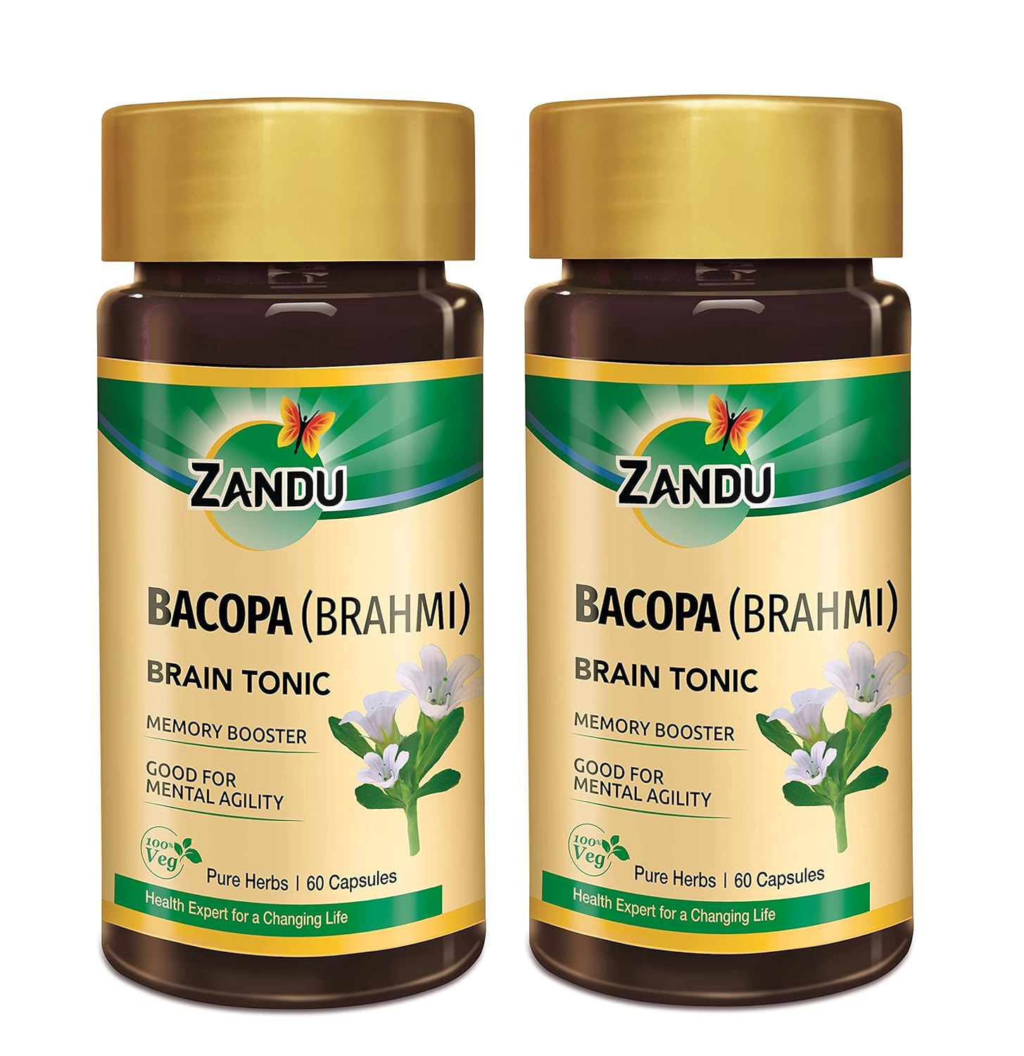 Zandu Bacopa (Brahmi) Capsules: An Age Old Ayurvedic Remedy Made Using Natural Extracts of Brahmi| Helps Improve Focus & Learning- 60 Veg capsules (Pack of 2)