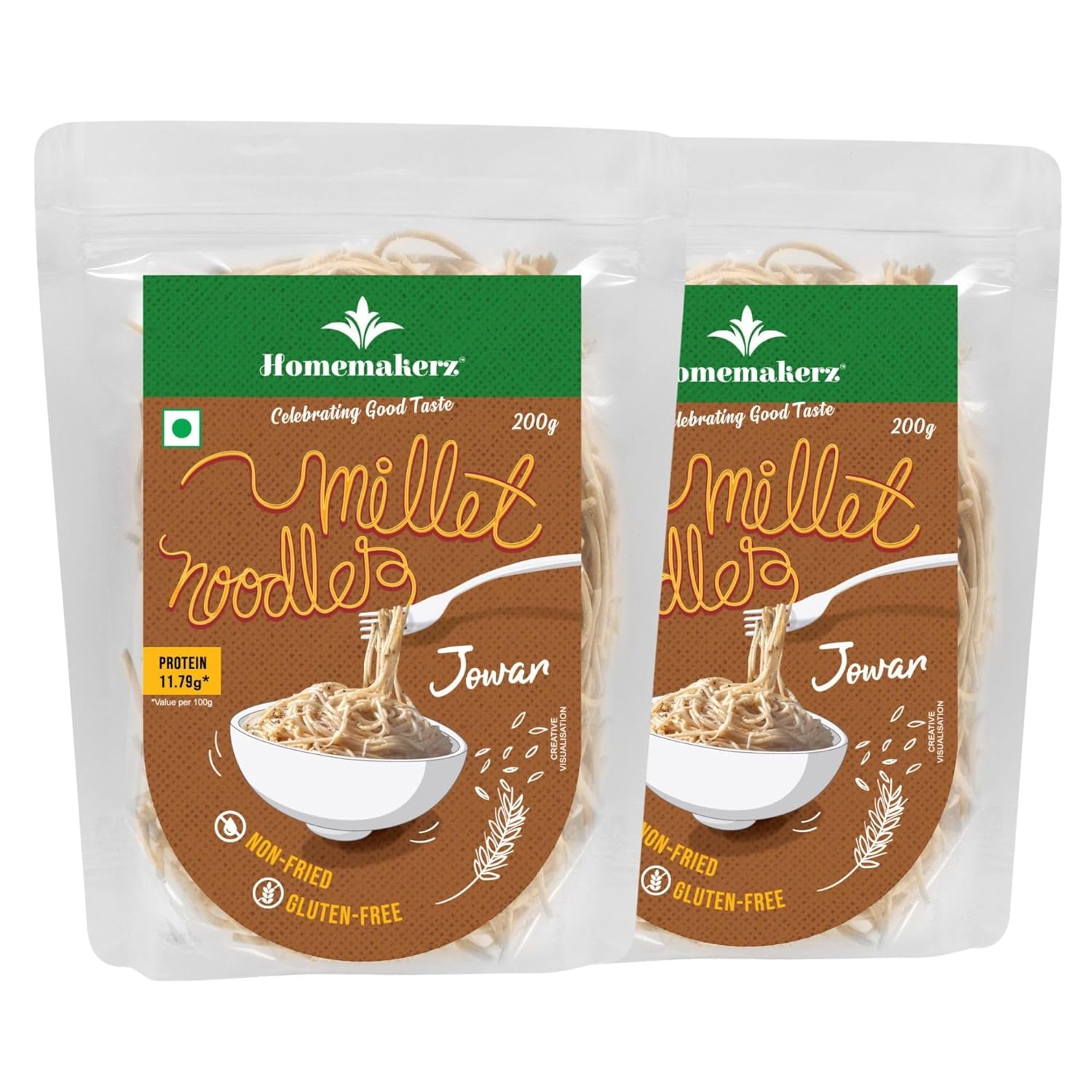 Homemakerz Jowar Millet Noodles, Natural, Preservative, Gluten & Fat Free, Not Fried & No Oil, Zero Maida & Wheat, Healthy & Tasty Hakka Millet Noodles (Pack of 2, 200g Each)