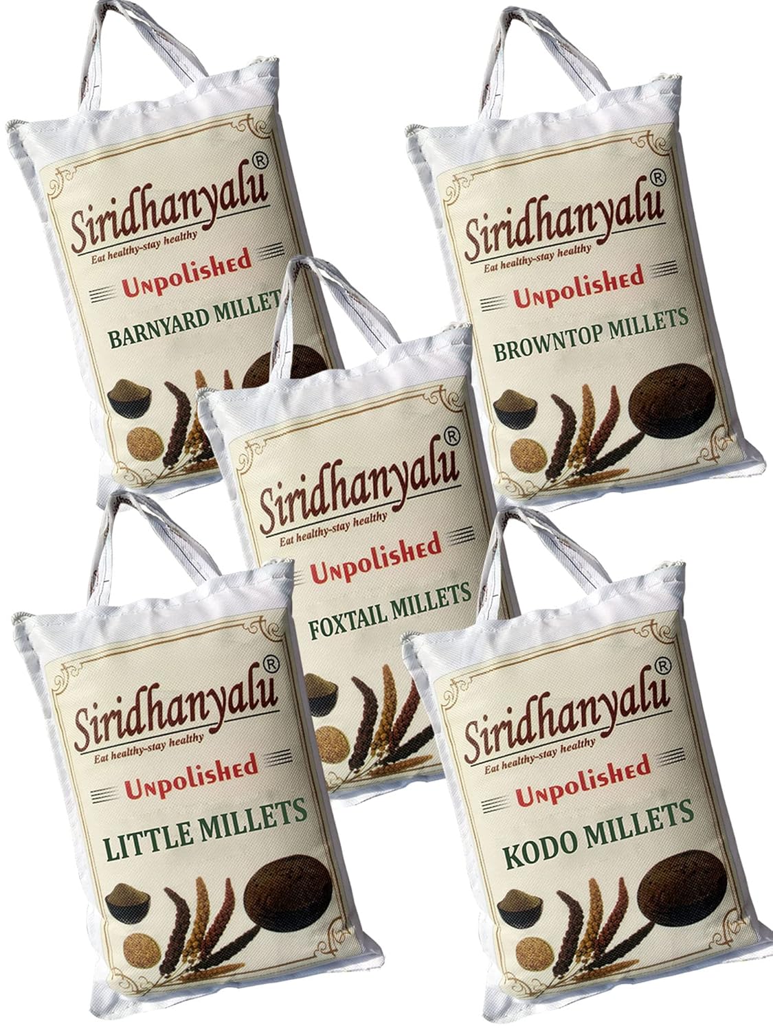 SIRIDHANYALU Unpolished Natural Millet Siridhanyalu 5 Types Of Organic Millets Rice Little Kodo Browntop Barnyard & Foxtail -Punjabi (Gwt. 5000 Gm)