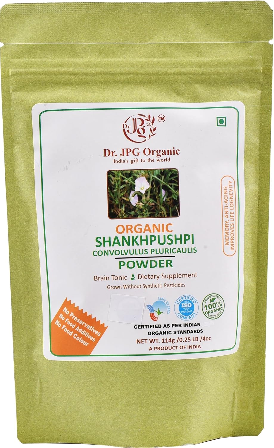 Dr. JPG Organic Shankhpushpi Powder-114g / Convolvulus Pluricalis/Memory Wellness/INDIA ORGANIC certified.