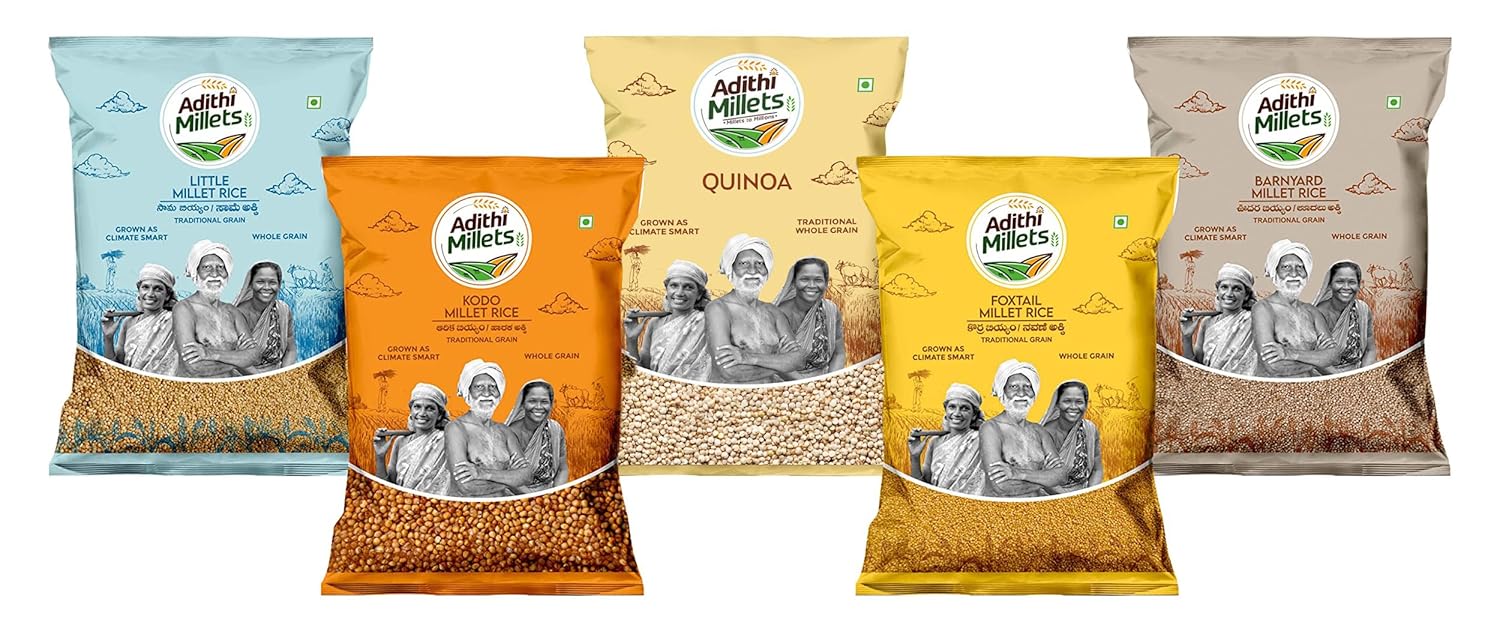 Adithi Millets 2.5Kg Combo 100% Organic Whole Grains Unpolished Millet Rice, Dr. Khadar’s Selection, Quinoa, Foxtail, Kodo, Little & Barnyard (500g Each) High-Fiber, Protein-Rich