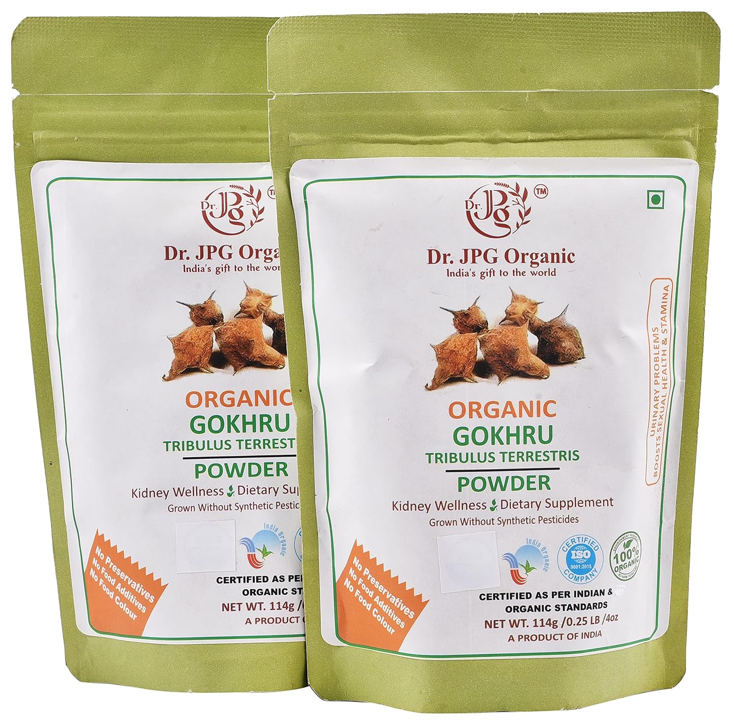 Dr. JPG Organic Gokhru Powder-228g / Gokshura powder/Tribulus Terrestris-INDIA ORGANIC Certified / 114g X 2PC=228g