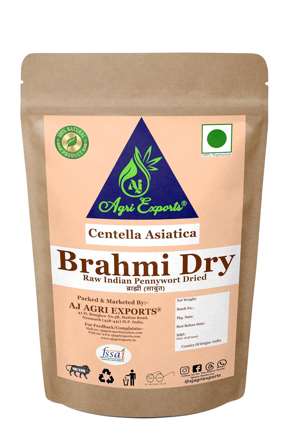 AJ AGRI EXPORTS Brahmi – Brahmi Leaves Dry – Brahmi Leaf Dry – Brahmi Booti – Vallarai – Mandukaparni – Indian Pennywort – Centella Asiatica – ब्राह्मी (100 Grams)