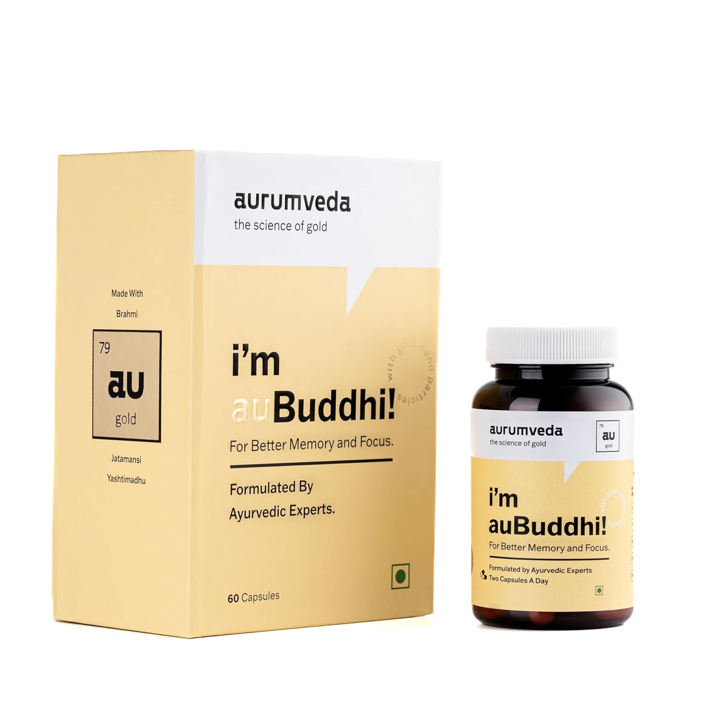Aurumveda AuBuddhi Cognitive Wellness Supplement for Better Memory and Focus | Contains Gold Nanoparticles | Brain Booster Supplement | Ayurvedic Capsule For Better Concentration Focus- 60 capsules