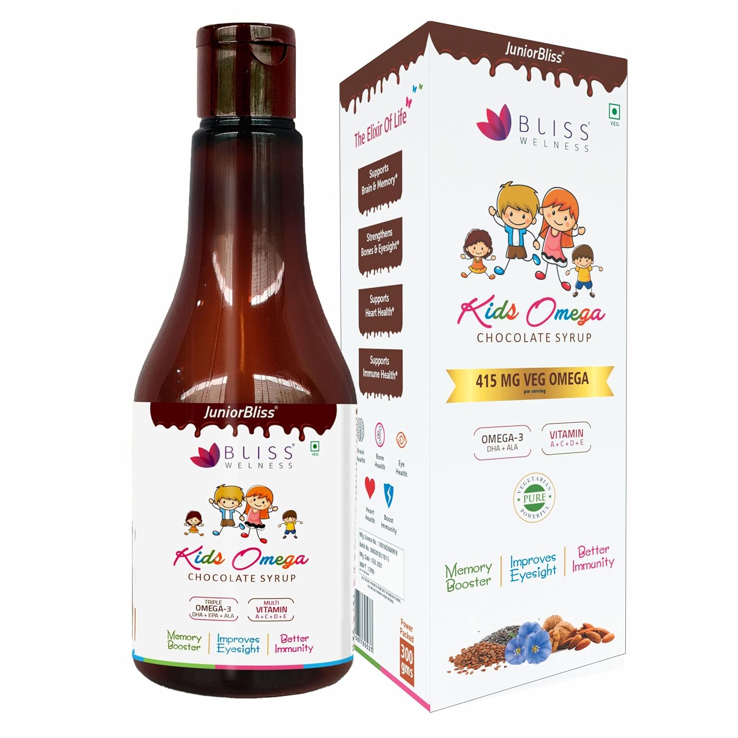 Bliss Welness Junior Bliss Kids Omega 3 6 9 + Multivitamins | Omega-3 DHA EPA ALA Vitamin A C D E | Focus Concentration Memory IQ Eyesight Immunity Brain Health Supplement – 300 gm – Chocolate Syrup
