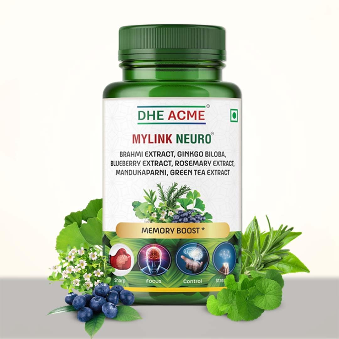 DHE-ACME™ MYLINK NEURO™ Memory Boost Tablets – Brain Support with Brahmi, Ginkgo Biloba, Blueberry, Rosemary, Mandukaparni & Green Tea – Focus, Clarity & Cognitive Function – 60 Capsules