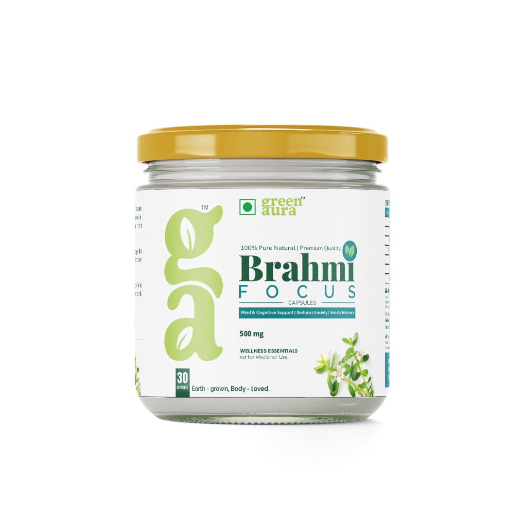 Green Aura Brahmi Focus Capsules (30 Capsules) | Ayurvedic Memory Booster & Brain Tonic | 500mg | Bacopa Monnieri Extract | Enhances Calm Focus & Mental Energy