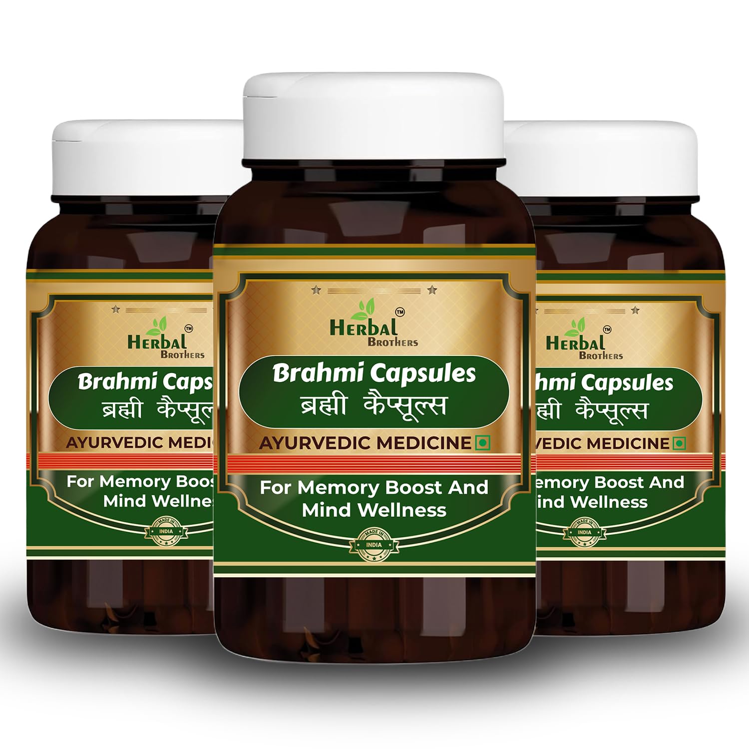 HERBAL BROTHERS Brahmi Capsules for Brain & Memory Support Supplement Stress Relief & Mental Clarity Ayurvedic Herbal Brain Tonic, Non GMO- 60 Veg Capsules (Pack of 3)
