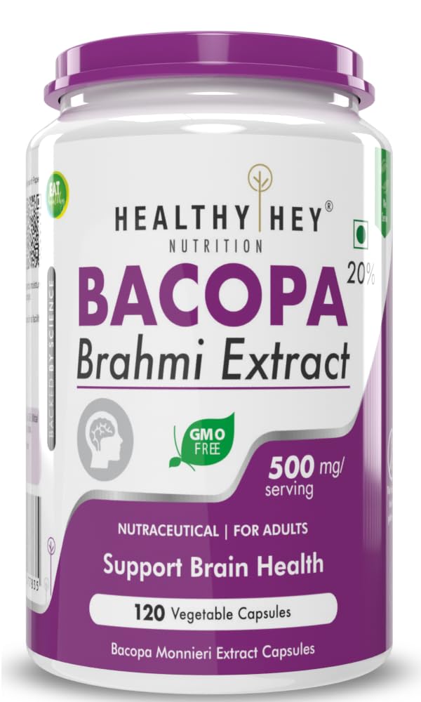 HealthyHey Nutrition Brahmi – Bacopa Monnieri Support Memory and Brain Health – 120 Veg Capsules