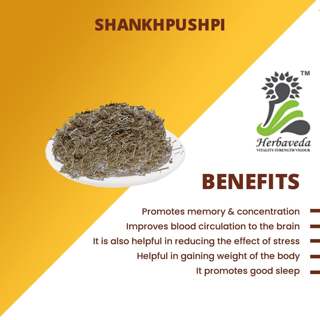 Herbaveda- Shankhpushpi 100g | Convolvulus Pluricaulis, Shankhini, Kambumalini, Samkhapushpi, Sadaphuli, and Sankhaphuli | For Tea, Superherb for Memory & Sleep, Helps with Headache