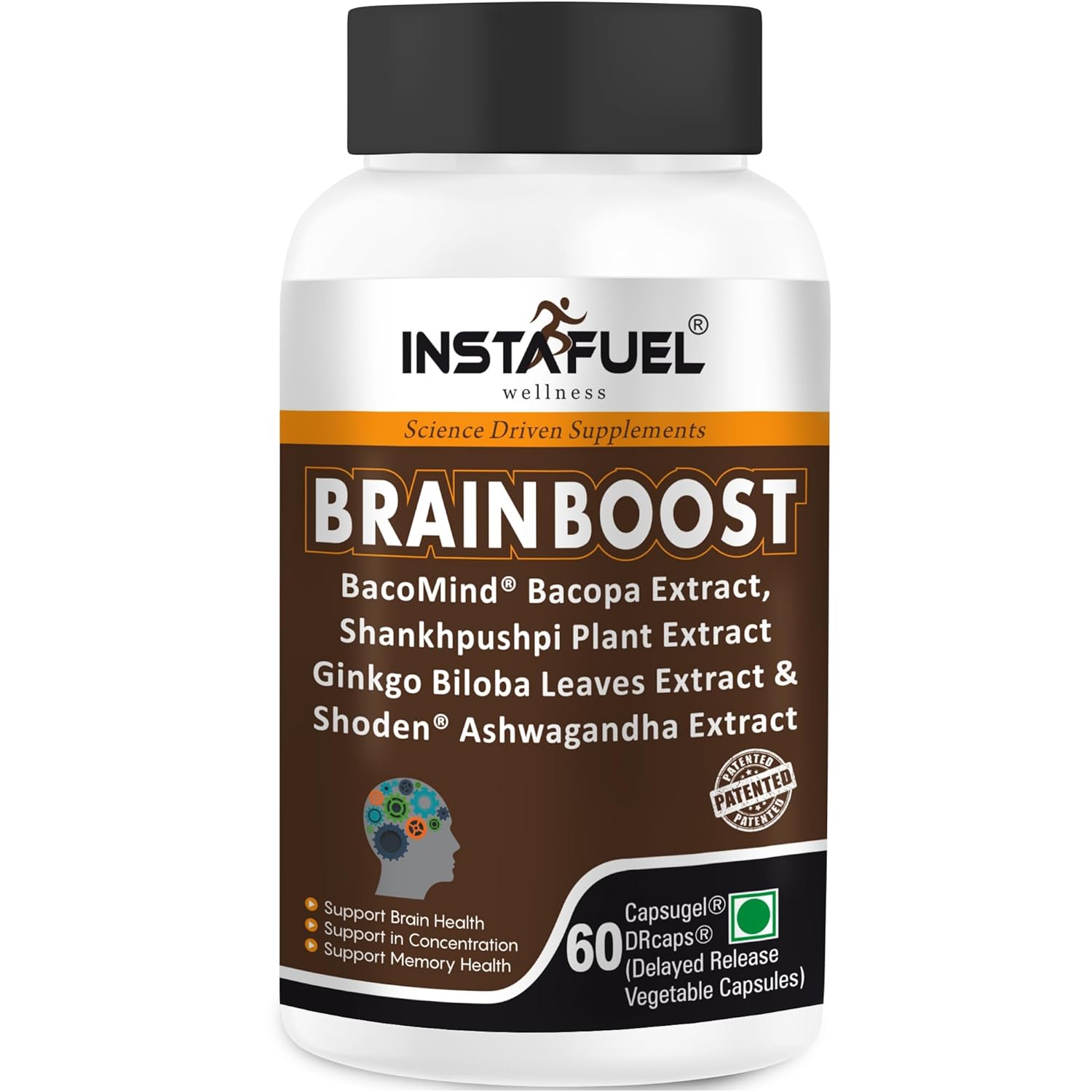Instafuel Brain Booster Supplement for Memory and Focus, Brain fog & Stress Relief | Brahmi Capsules with Ashwagandha, Shankhpushpi & Ginkgo Biloba | Brain Health Supplements | 60 Capsules