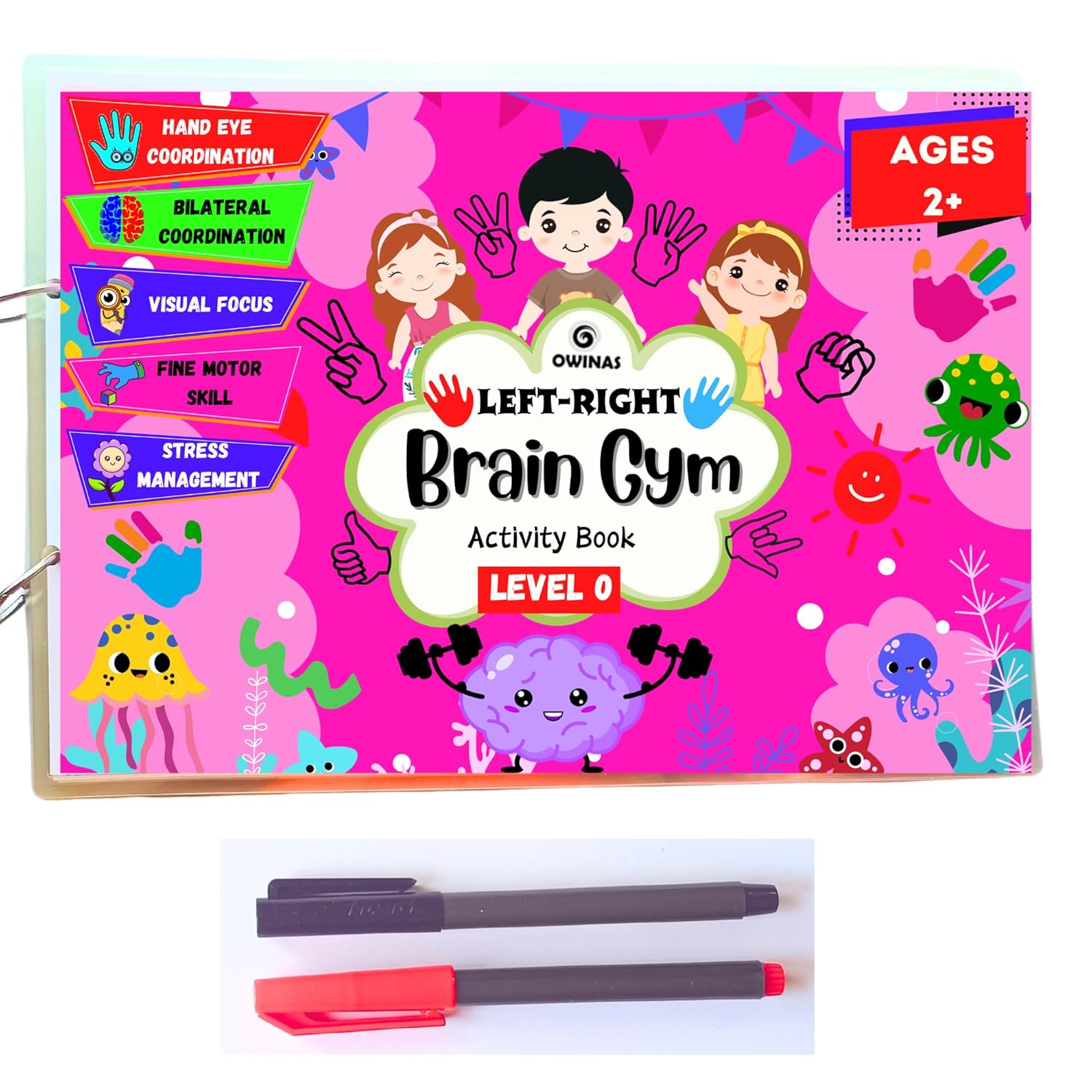 Left-Right Brain Gym Activity Book Level 0 for Kids Ages 2,3,4 – Reusable Wipe & Clean Brain Booster | Bilateral Coordination, Tracing, and Fine Motor Skill Development | KIDS BIRTHDAY GIFT