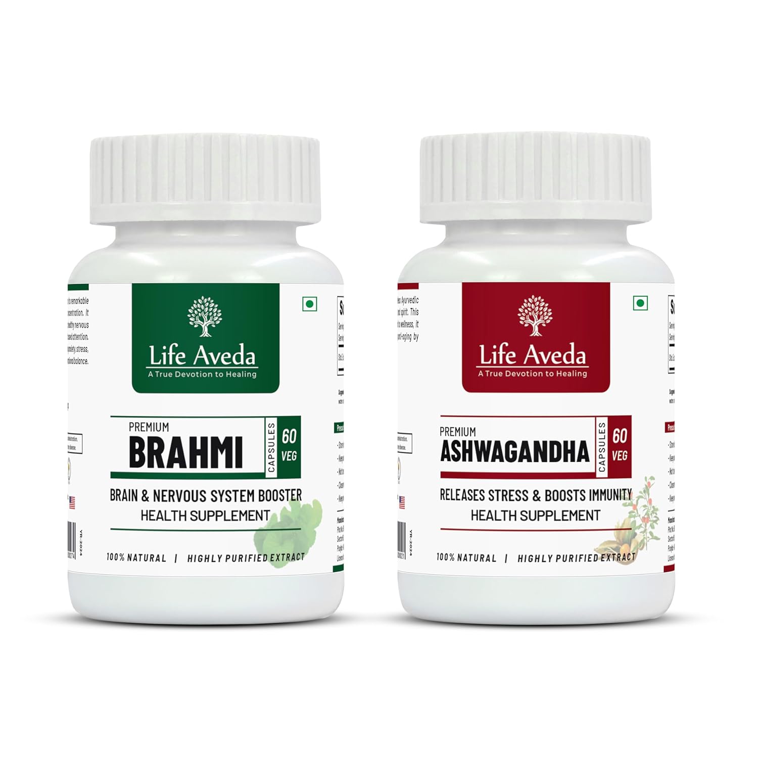 Life Aveda Memory/Brain Booster Pack of Ashwagandha & Brahmi | Extract Based Ayurvedic Supplement improves Focus, Concentration, Mood & Calmness For Men Women & Kids – 60+60 Capsules