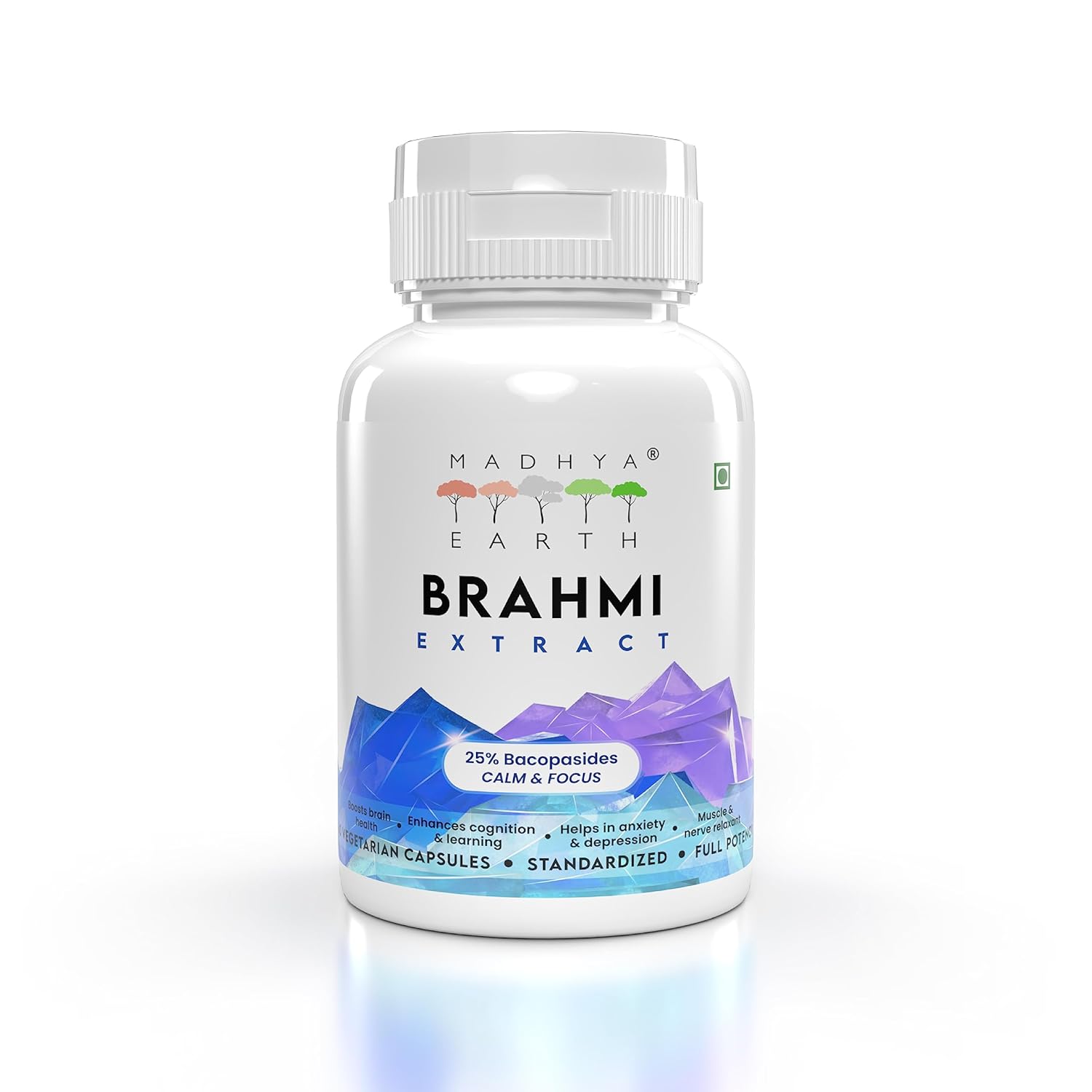 Madhya Earth Brahmi Extract 60 Veg Capsules | 25% Bacopasides | Mind Wellness | Helps Improves Alertness | 650mg | 100% Pure Extract | Ayurvedic | Highest Strength