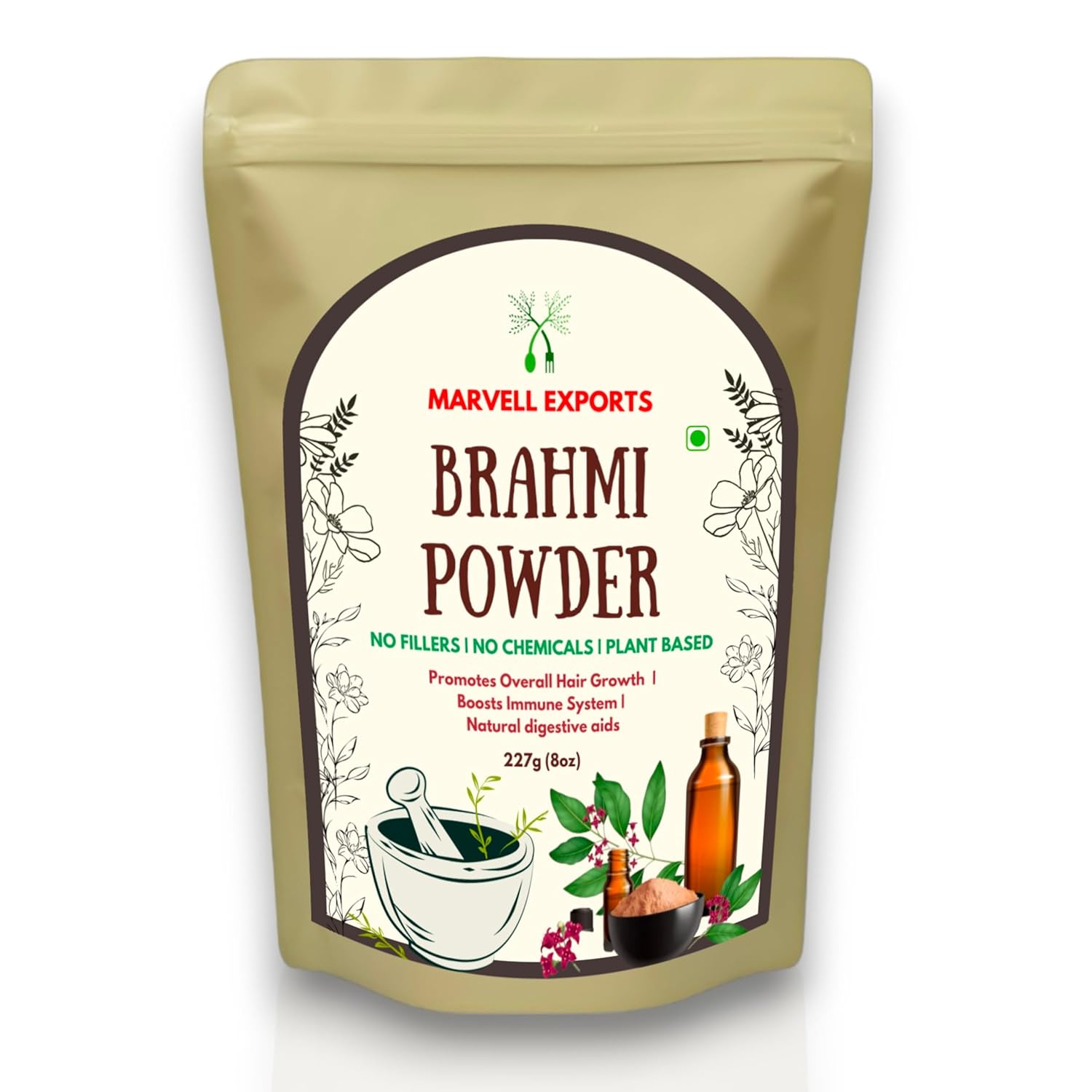 Marvell Exports | Brahmi Powder 227 grams 8 OZ/Bacopa Monnieri for Brain, Memory, Edible, Drinking, Eating, Kids, Pure, Organic, Herbal, Hair Care | Free Spoon (Bramini/Brahmi/Bhrami/Bharmi)