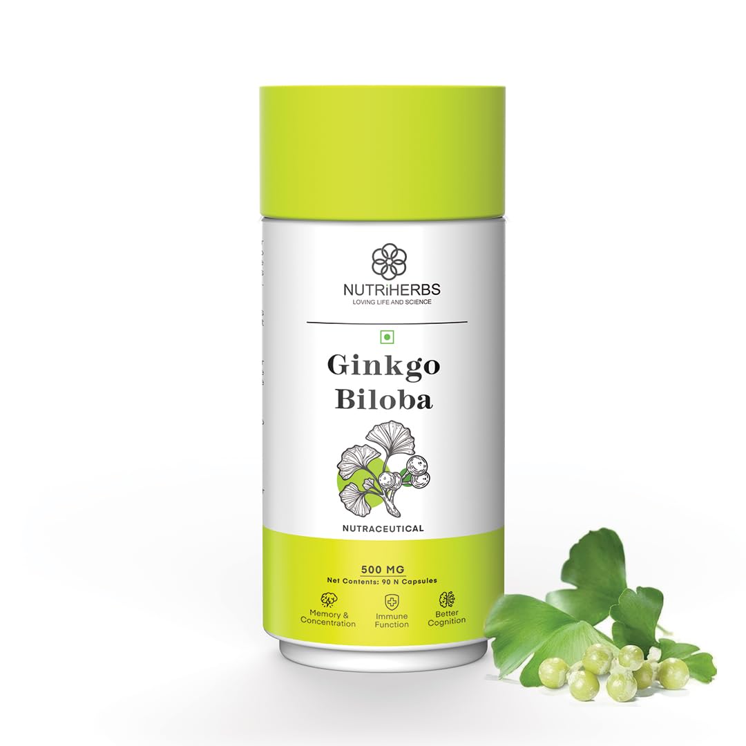 NUTRiHERBS Ginkgo Biloba 500mg Capsules – Herbal Brain Booster for Memory, Focus & Cognitive Support – Natural Supplement for Concentration, Mental Clarity & Stress Relief – 90 Capsules