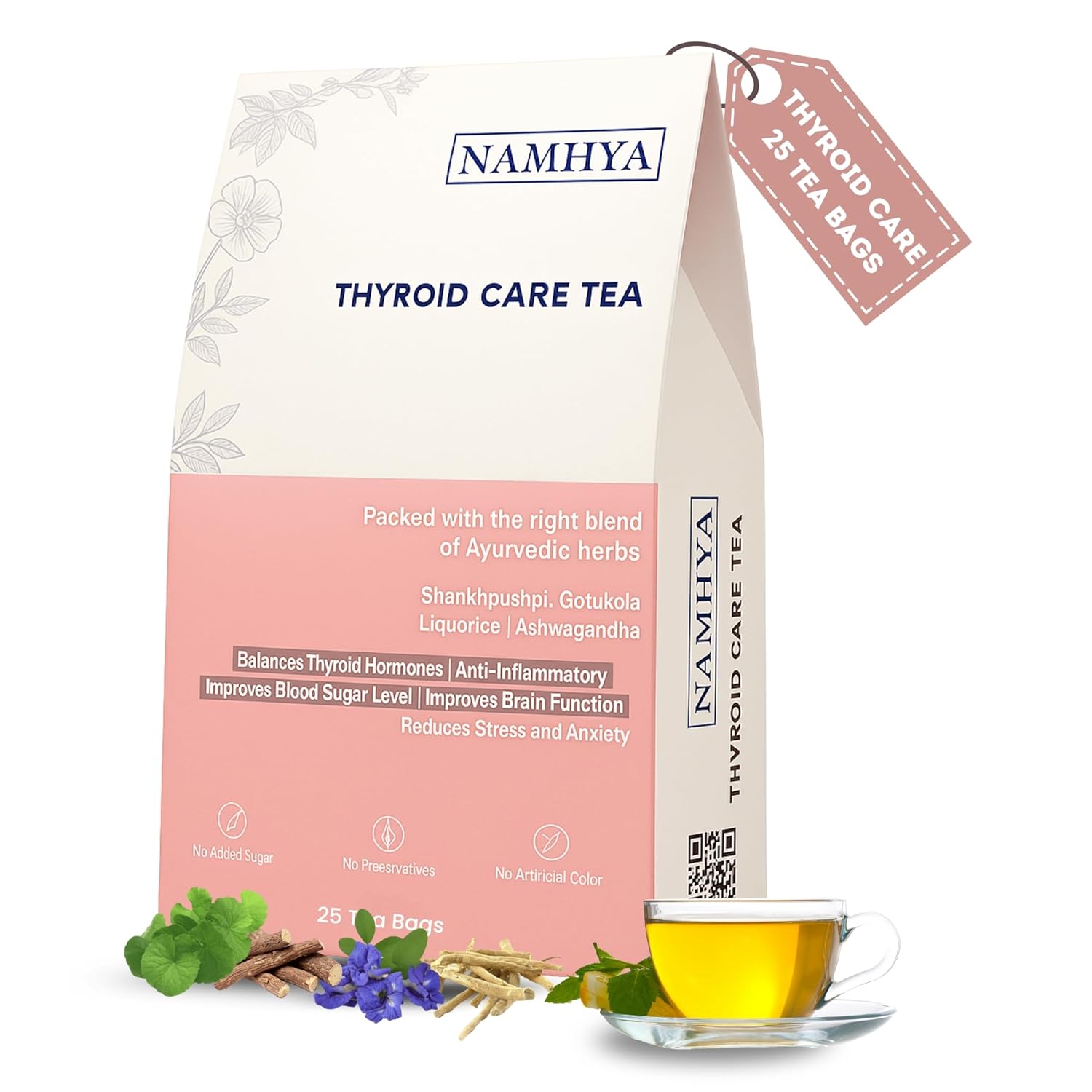 Namhya Thyroid Care Green Tea (25 tea bags) for Hypothyroidism | Herbal Tea | Loaded with Natural Ayurvedic Herbs to Restore healthy T3, T4 levels (helps sleep, weight management) | 100 Gram