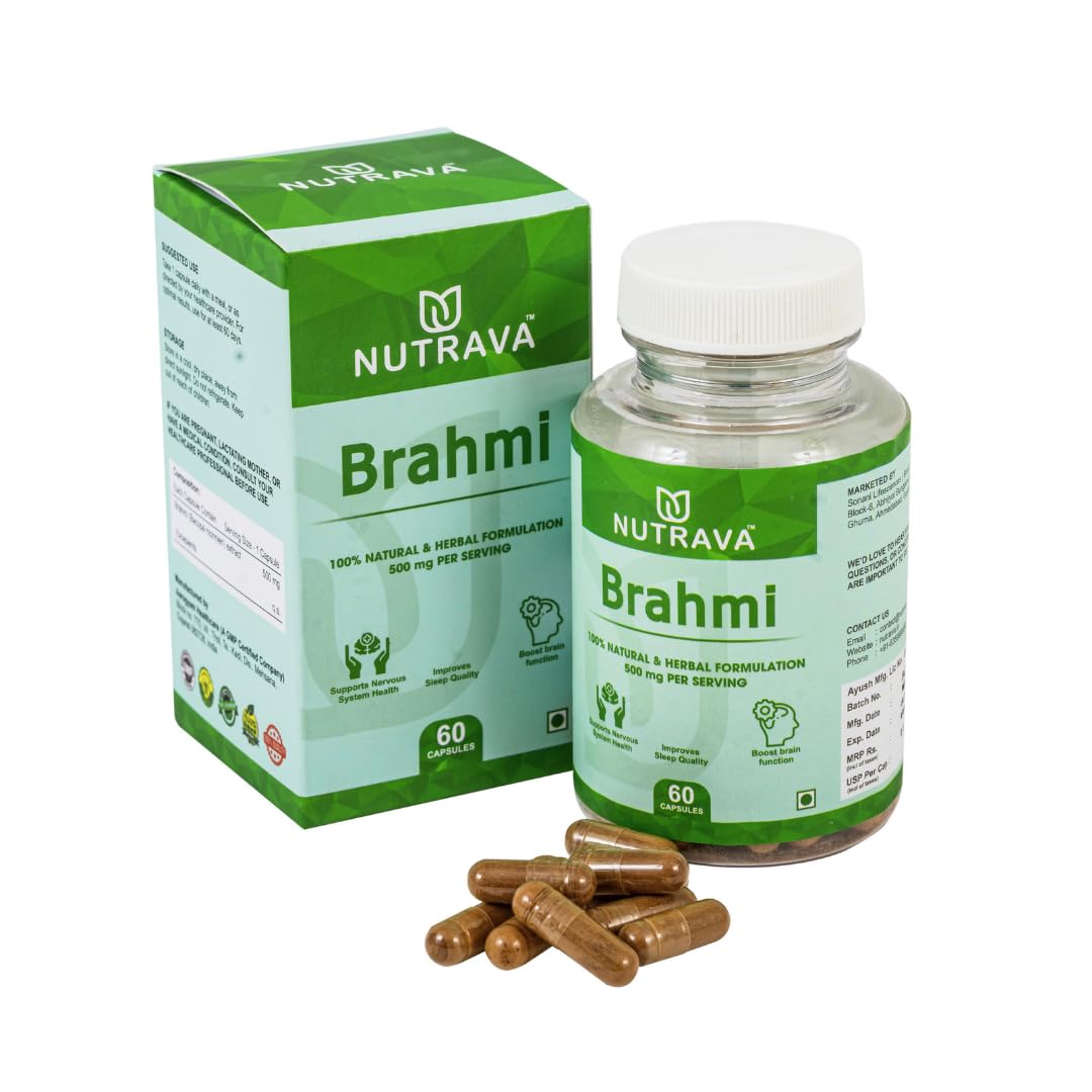 Nutrava Brahmi Capsules 500mg | Ayurvedic Brain Tonic for Focus, Memory, Mental Clarity & Cognitive Health | Herbal Supplement for Men & Women | 60 Veg Capsules
