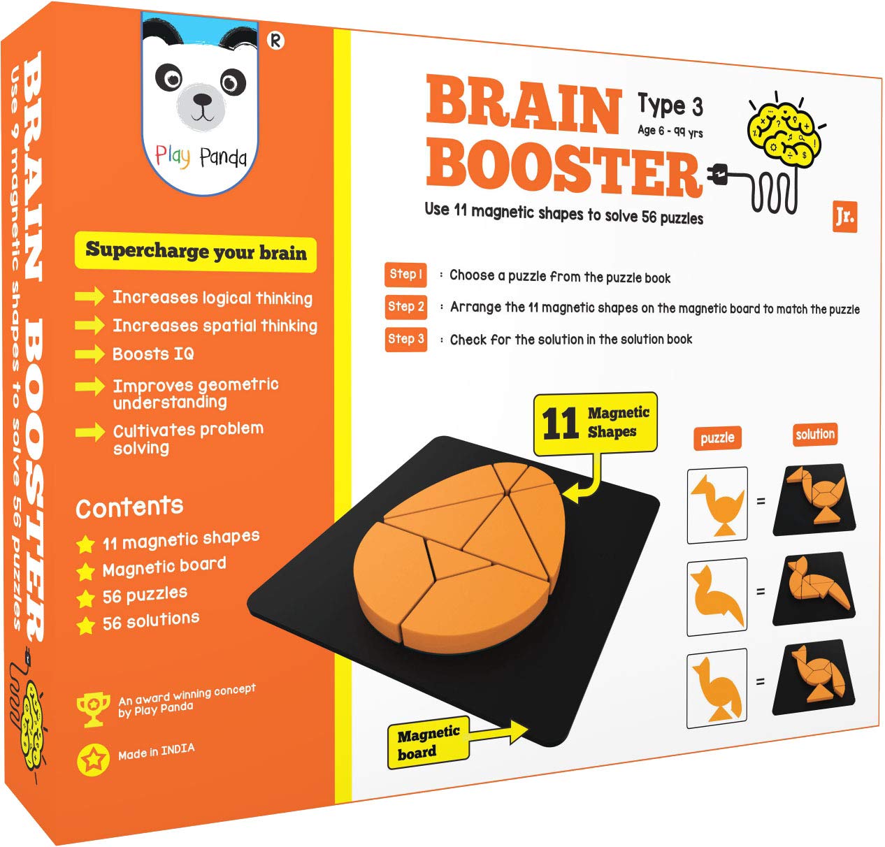 Play Panda Brain Booster Set 3 (Junior) – 56 Puzzles Designed to Boost Intelligence – with Magnetic Shapes, Magnetic Board, Puzzle Book and Solution Book
