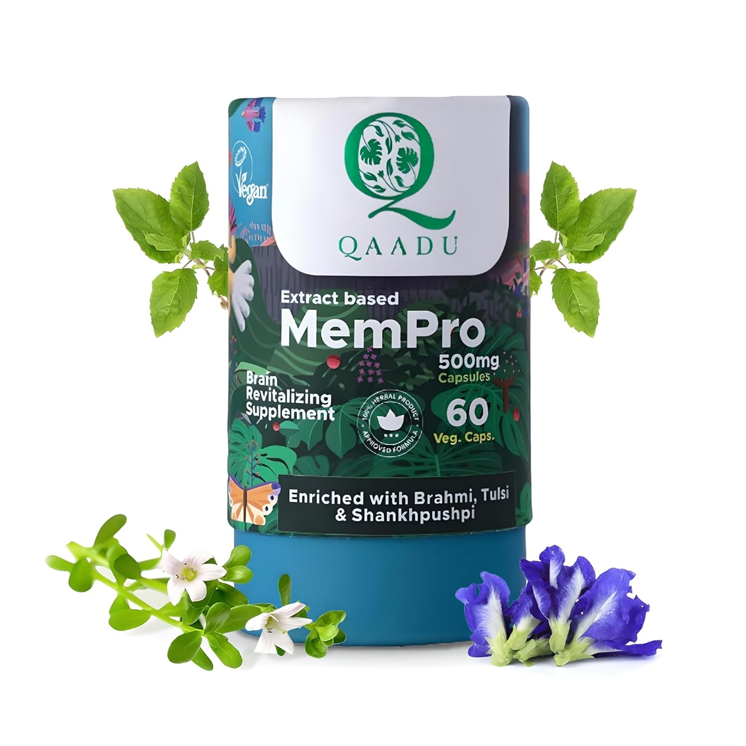 QAADU MemPro Capsules: 60 Capsules Brain & Memory Booster for Adults – Ayurvedic Supplement with Brahmi, Tulsi, Shankhpushpi for Enhanced Focus, Clarity & Better Sleep – 500mg