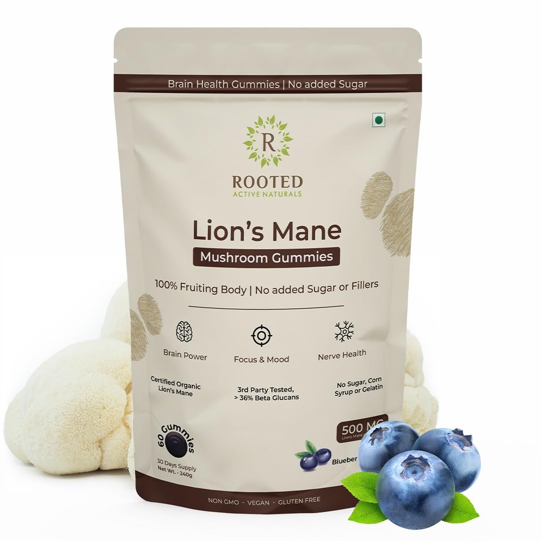 Rooted Active Lion’s Mane Mushroom Gummies – Blueberry Flavor | Sugar-Free Brain Supplement for Focus, Memory, Mood & Cognitive Support | For Adults & Kids | 60 Gummies
