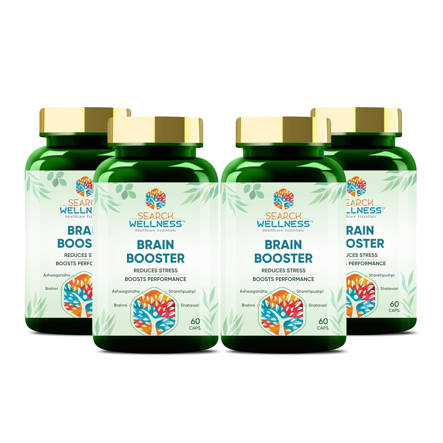 SEARCH WELLNESS Brain Booster For Kids & Adults 60 Capsules Pack of 4 | Blend With Ashwagandha, Shankhpushpi, Brahmi & More | Boost Concentration & Learning Skills | Better Sleep & Mind Wellbeing