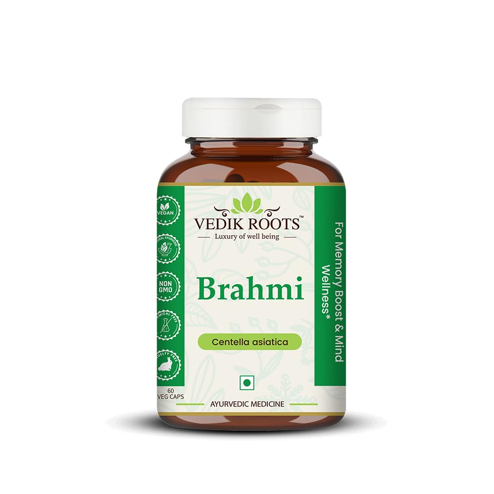 Vedikroots Organic Brahmi Bacopa Monnieri Capsules | Memory Booster | Herbal Supplement for Stress Relief & Focus | Rich in Antioxident | Helps Improve Memory | 60 Veg Capsules (Pack of 1)