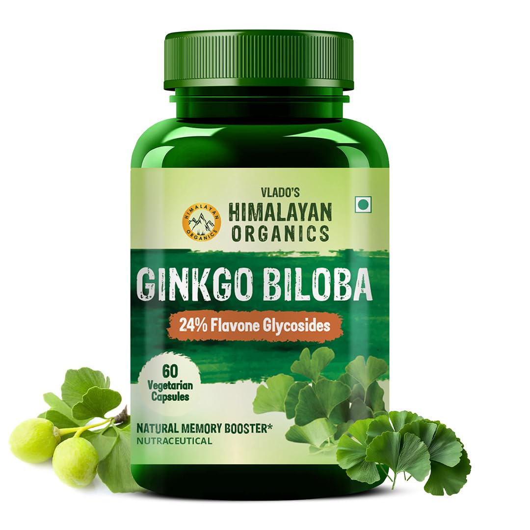 Vlado’s Himalayan Organics Ginkgo Biloba 500mg With Brahmi for Better Concentration, Memory & learning | Helps Anxiety & Stress | Healthy Blood Circulation – 60 Veg Capsules