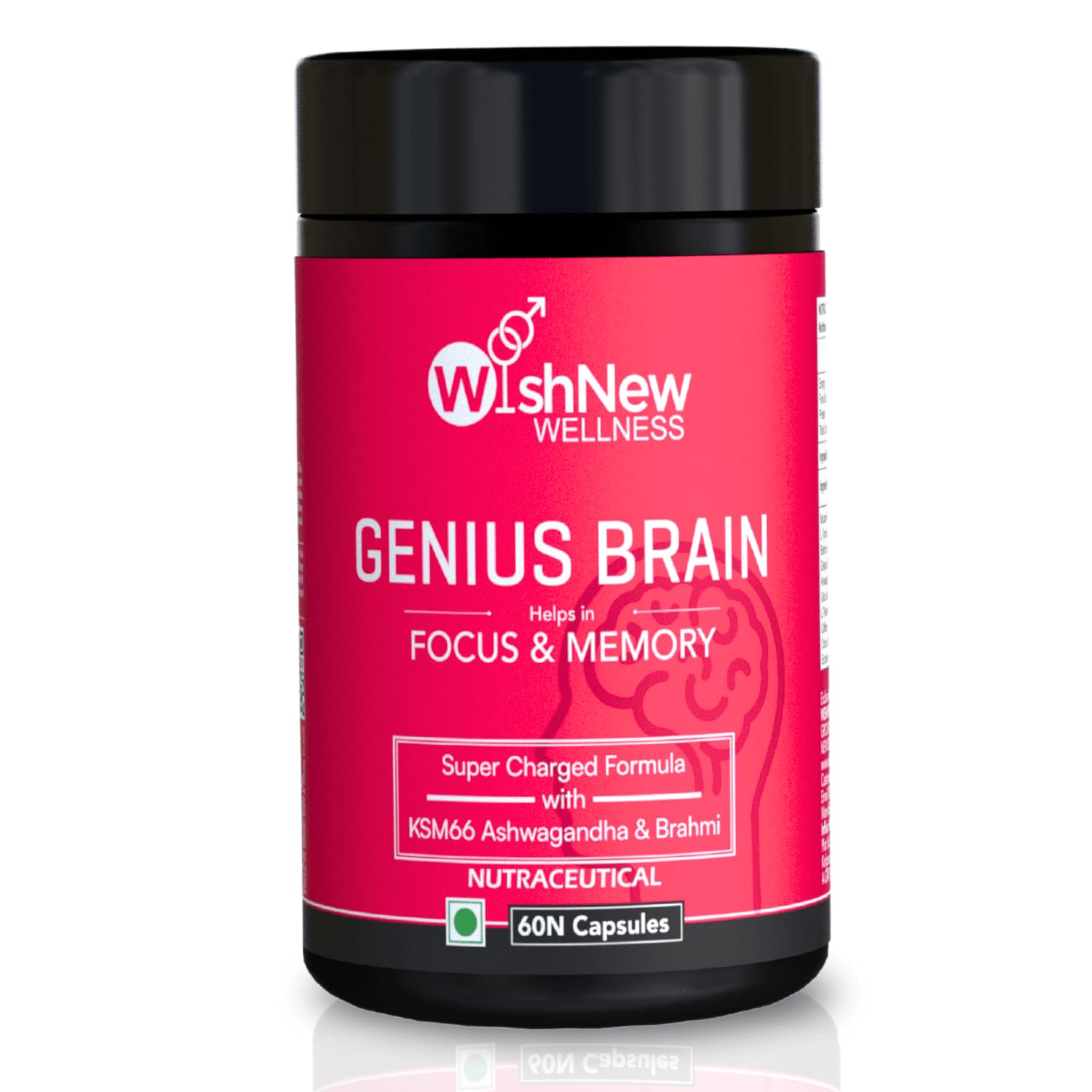 WishNew Wellness Genius Brain Booster – Advanced Nootropic for Enhanced Focus, Memory & Concentration | 60 Veg Capsules | With Mucuna, Brahmi & Ginkgo Biloba | Natural Supplement for Cognitive Support